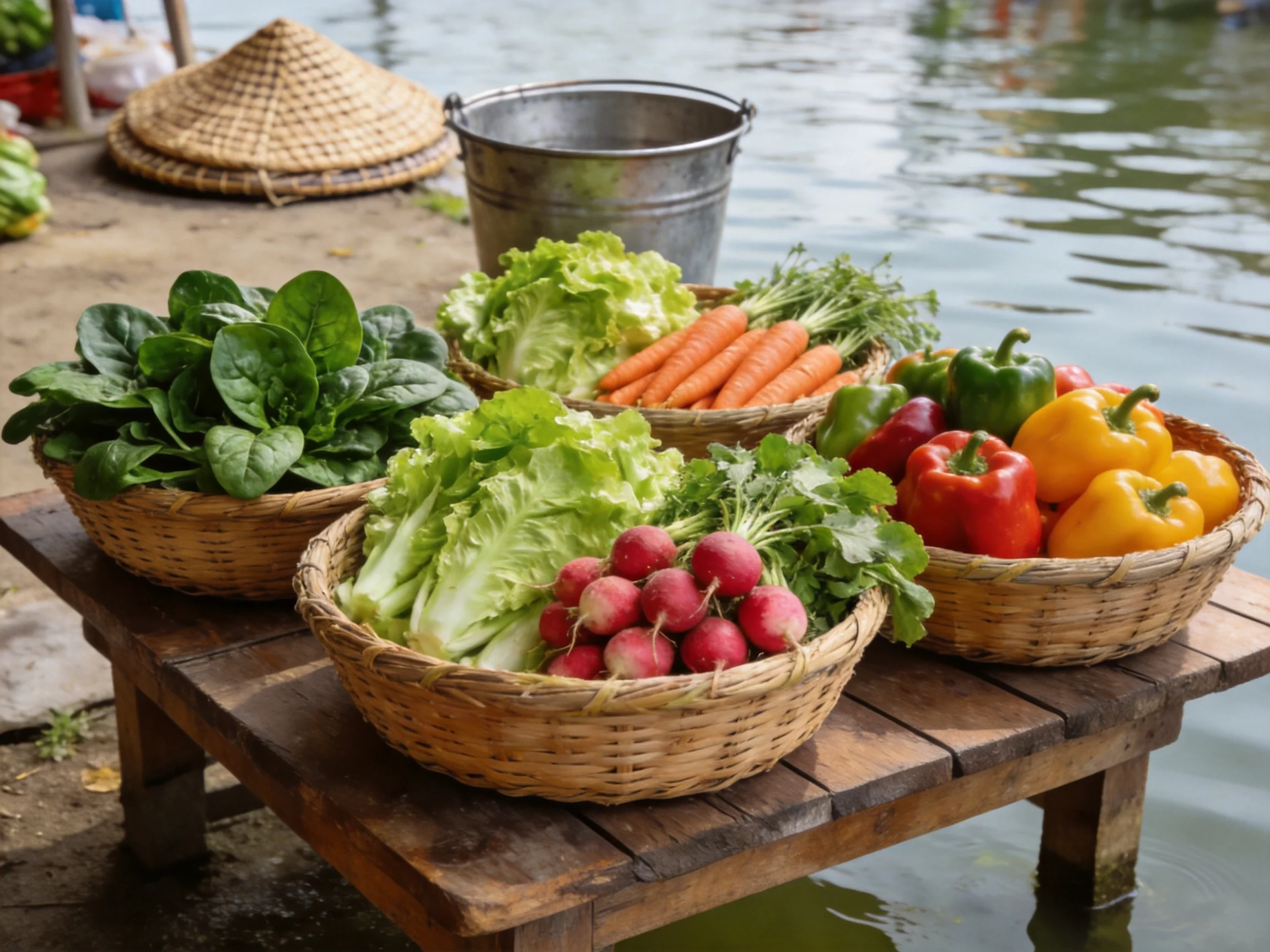 Fresh vegetables arranged in wicker baskets on a wooden table by water