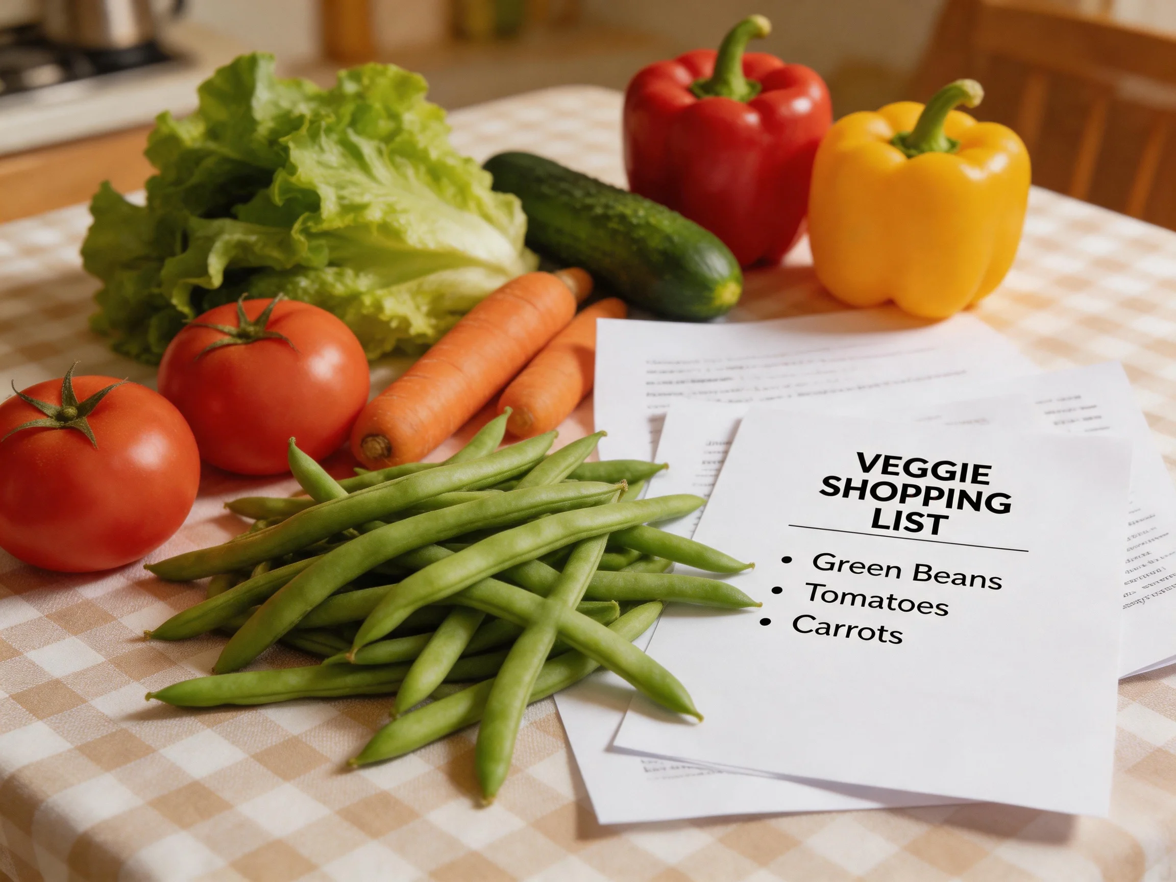 Fresh vegetables arranged on a checkered tablecloth beside a veggie shopping list