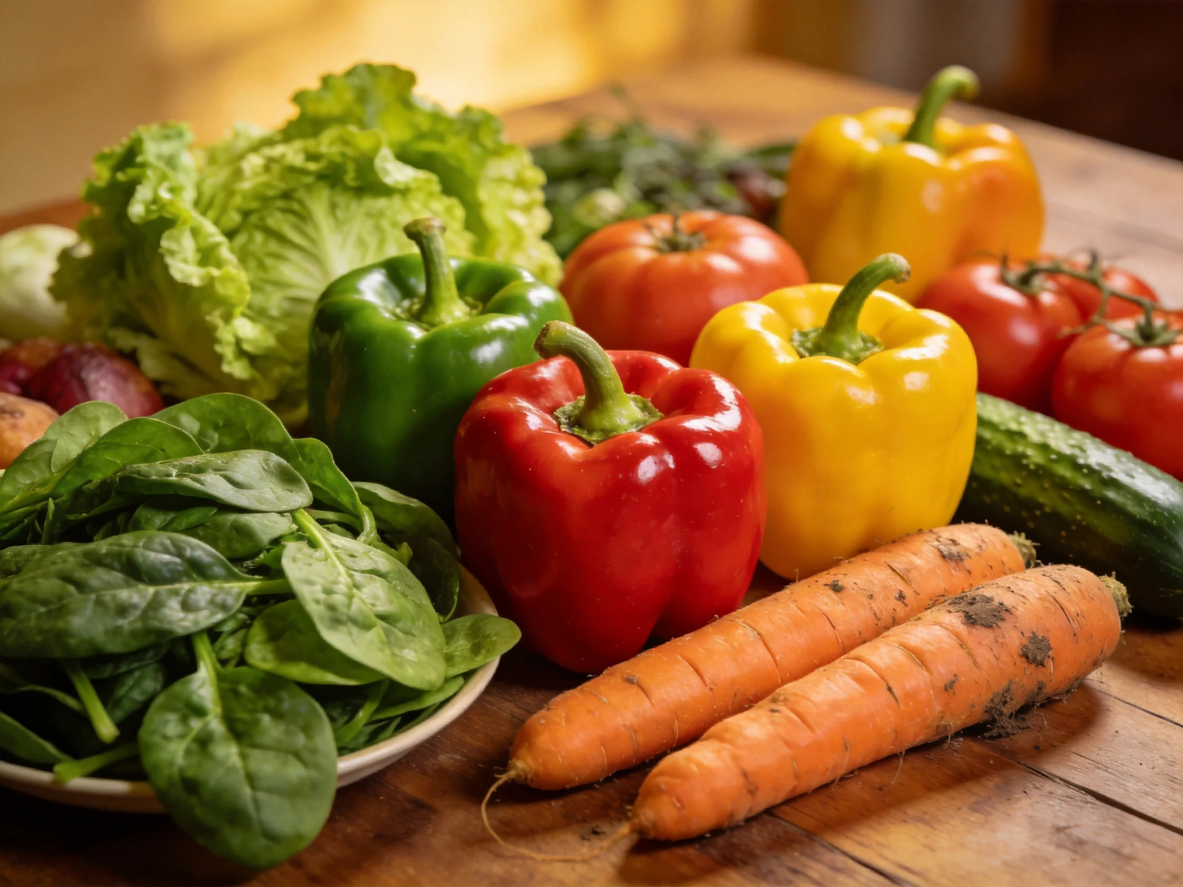 Fresh vegetables arranged on a rustic wooden table with vibrant hues