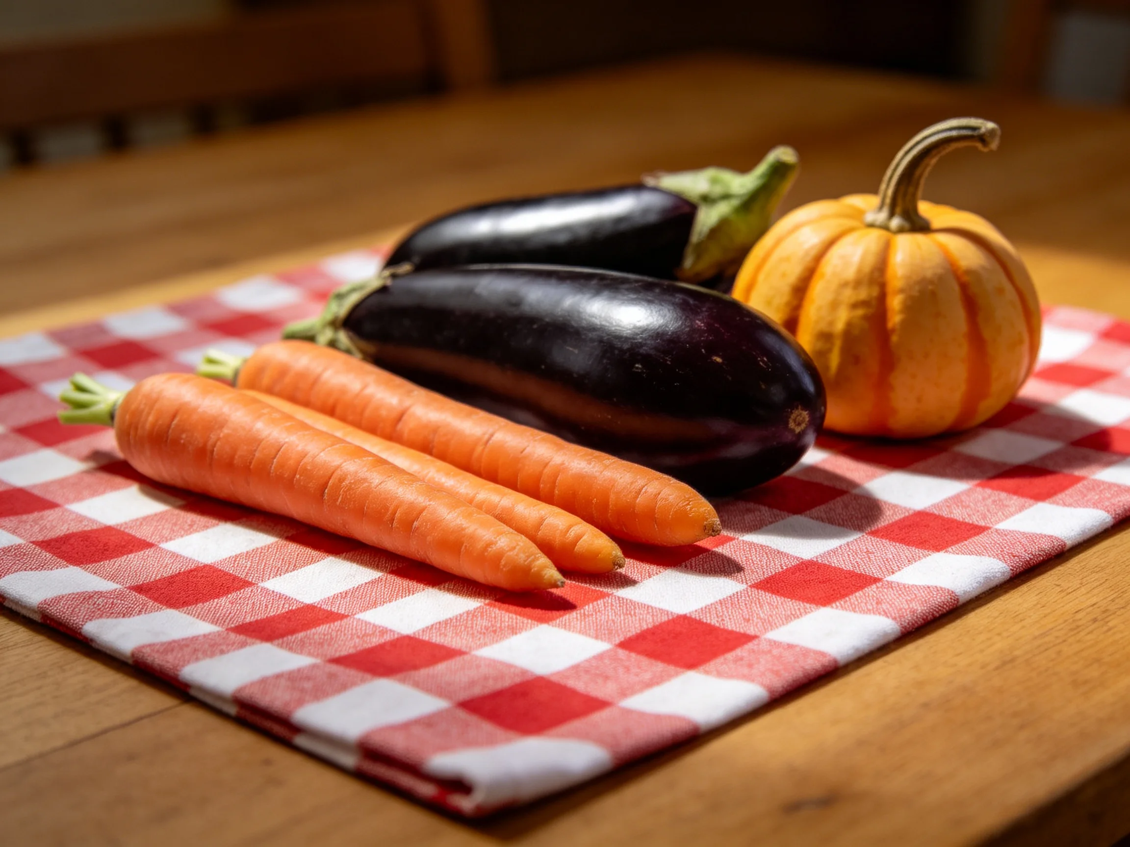 Fresh vegetables—carrots, eggplants, and a small pumpkin—are arranged on a checkered cloth.