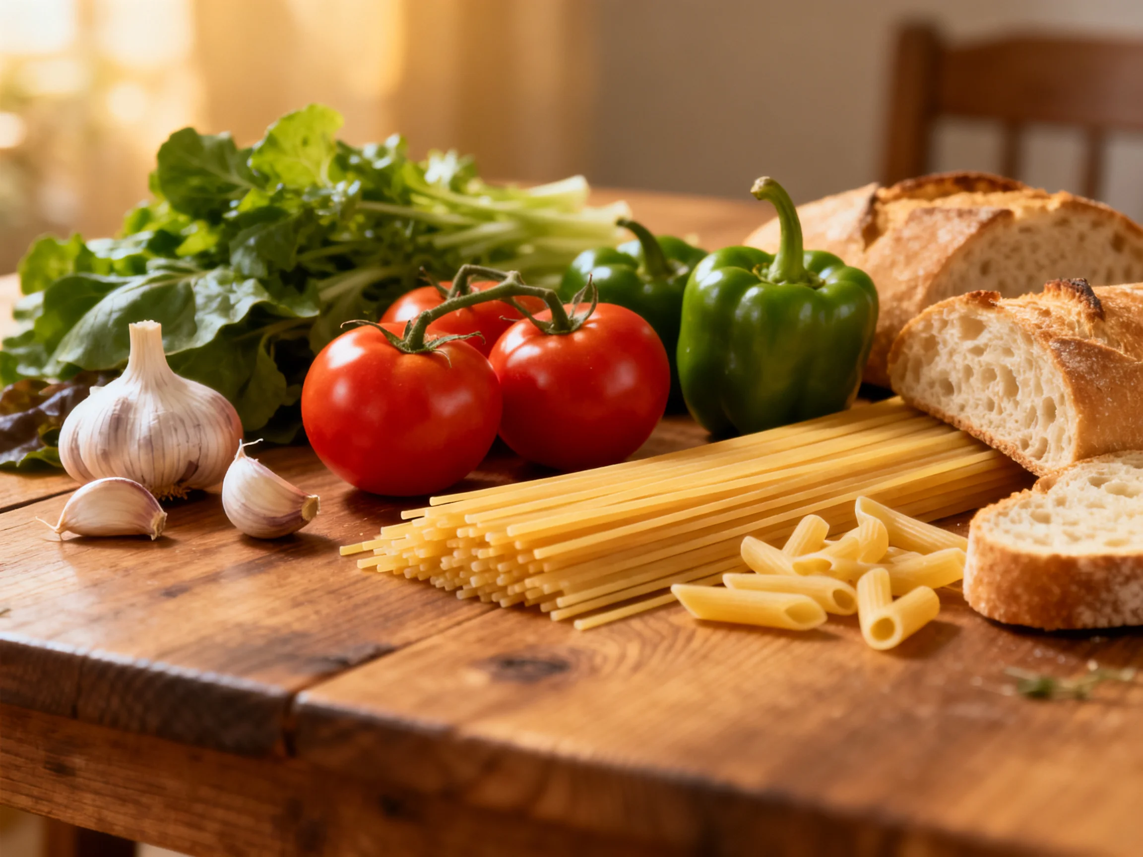 Fresh vegetables, crusty bread, and pasta on a rustic wooden table