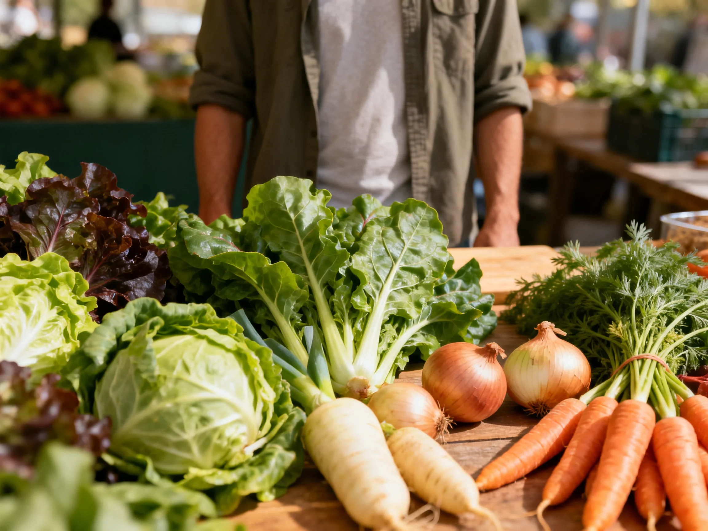 Fresh vegetables displayed at a bustling outdoor market stall