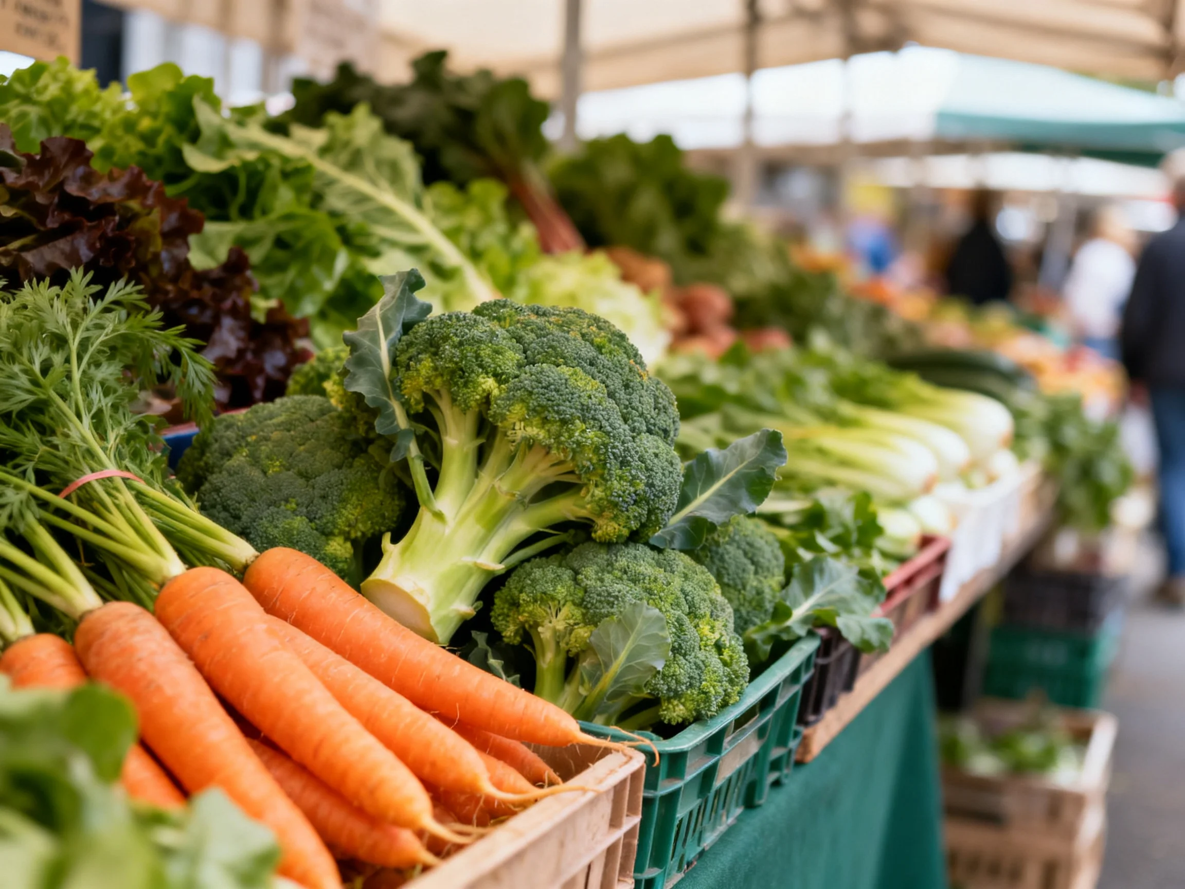 Fresh vegetables displayed at an outdoor farmers market