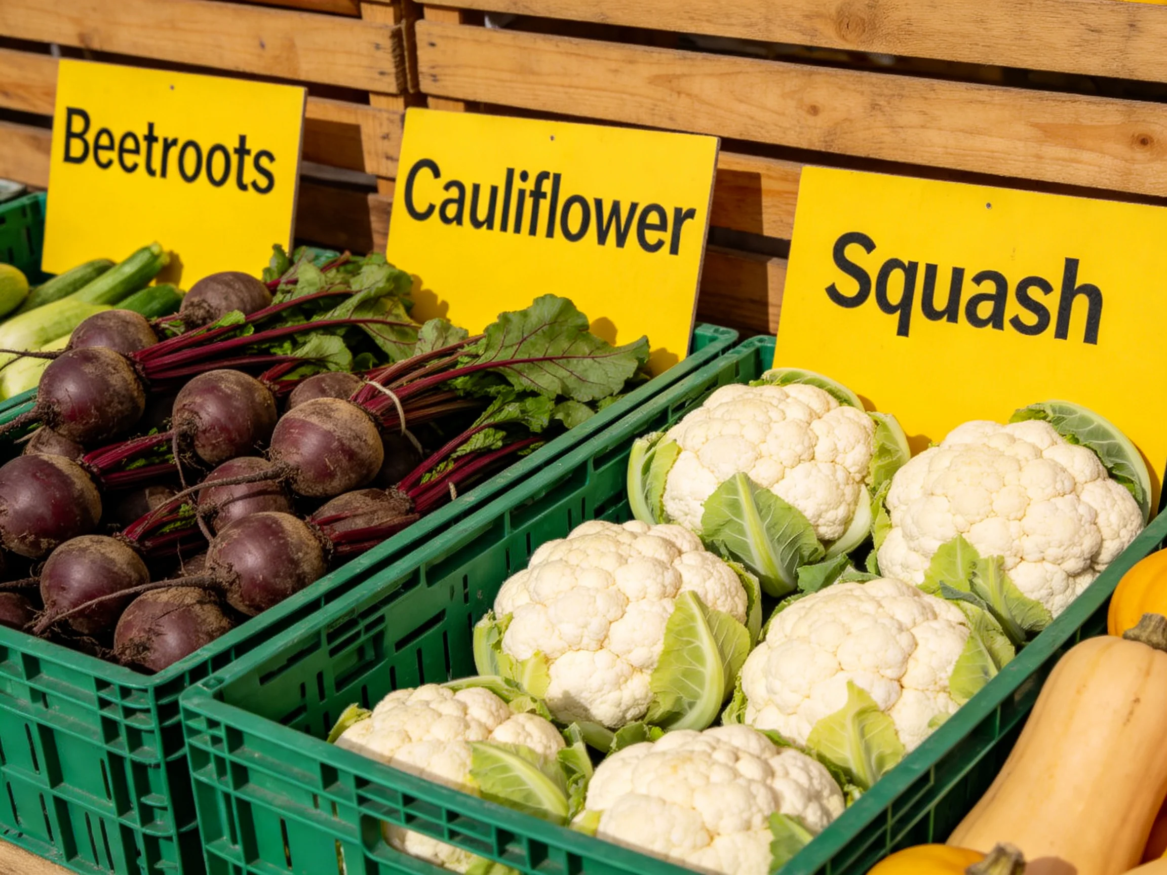 Fresh vegetables displayed in green crates with yellow signage: beets, cauliflower, squash