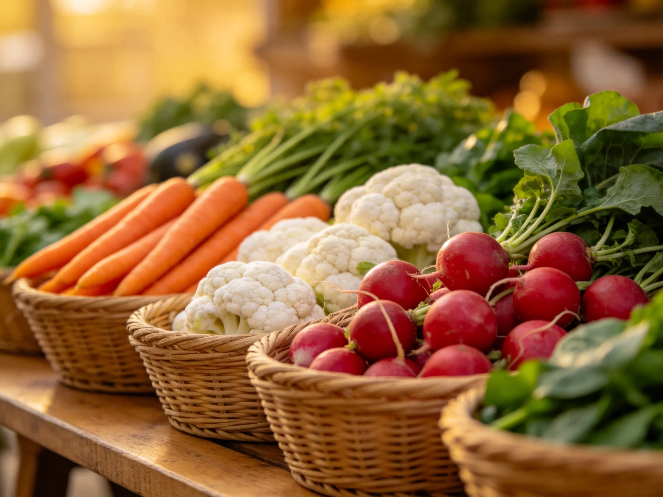 Fresh vegetables displayed in wicker baskets on a wooden table with warm lighting