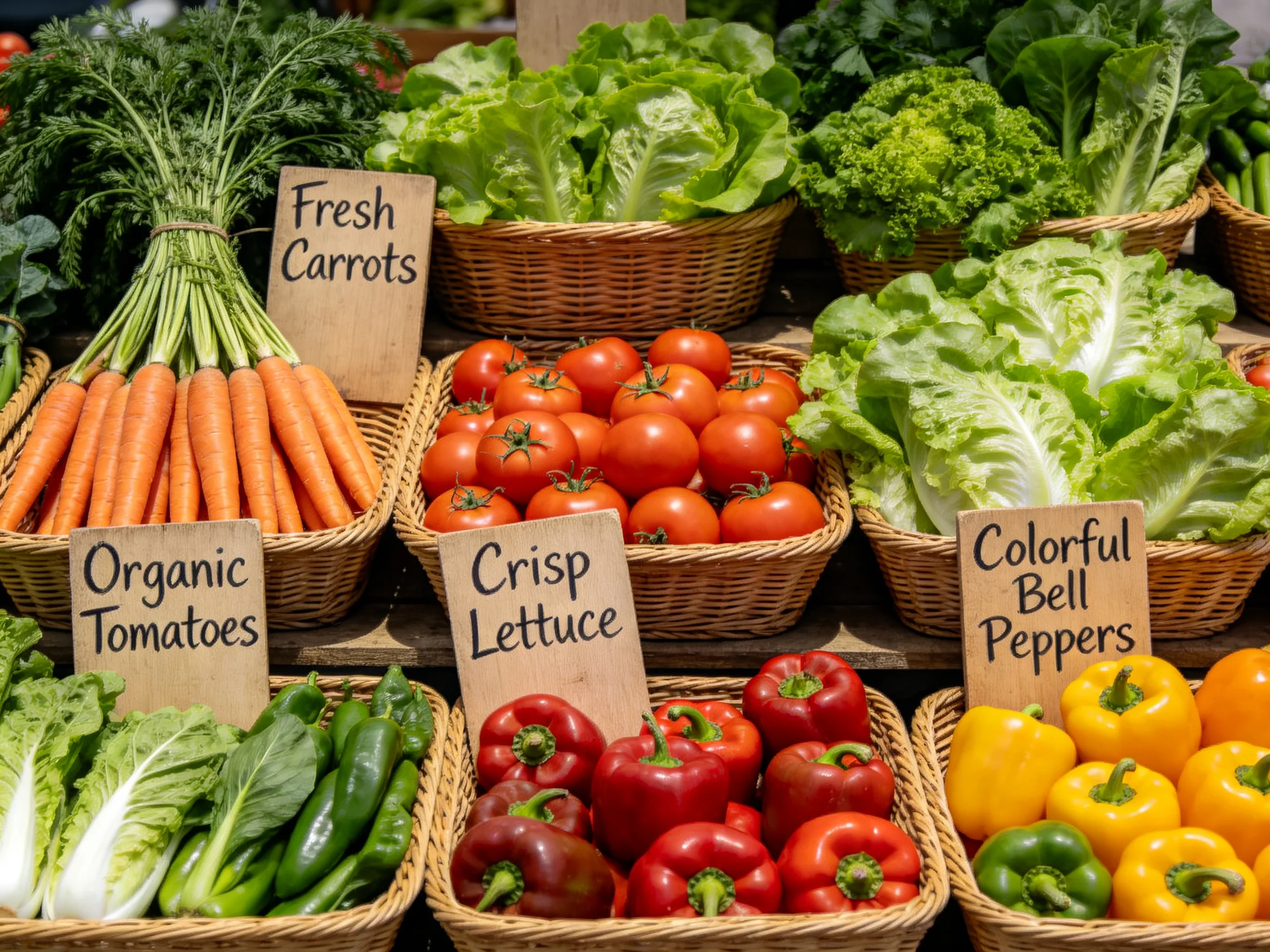 Fresh vegetables displayed in wicker baskets with labeled signs