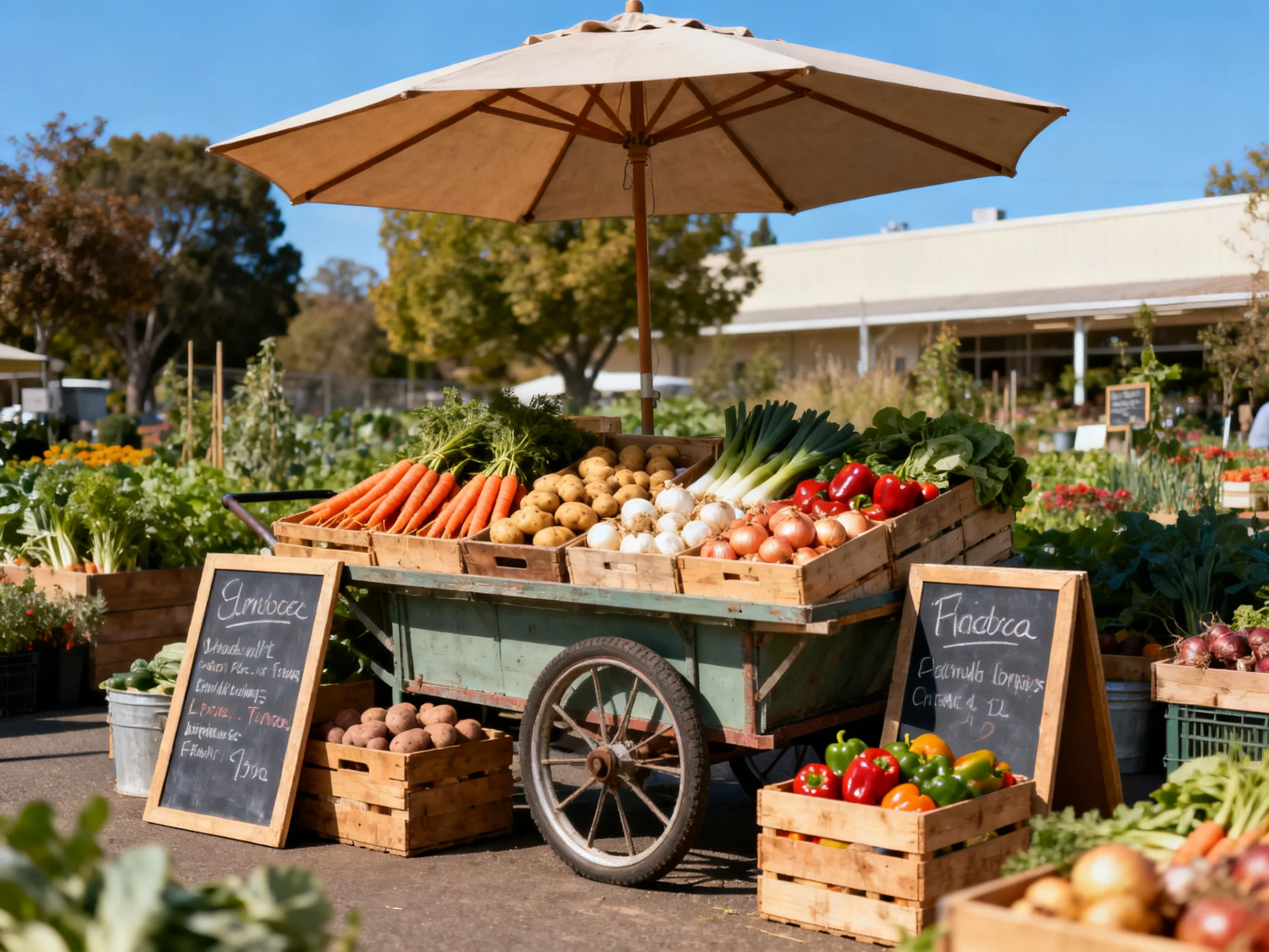 Fresh vegetables displayed in wooden crates at sunny outdoor market