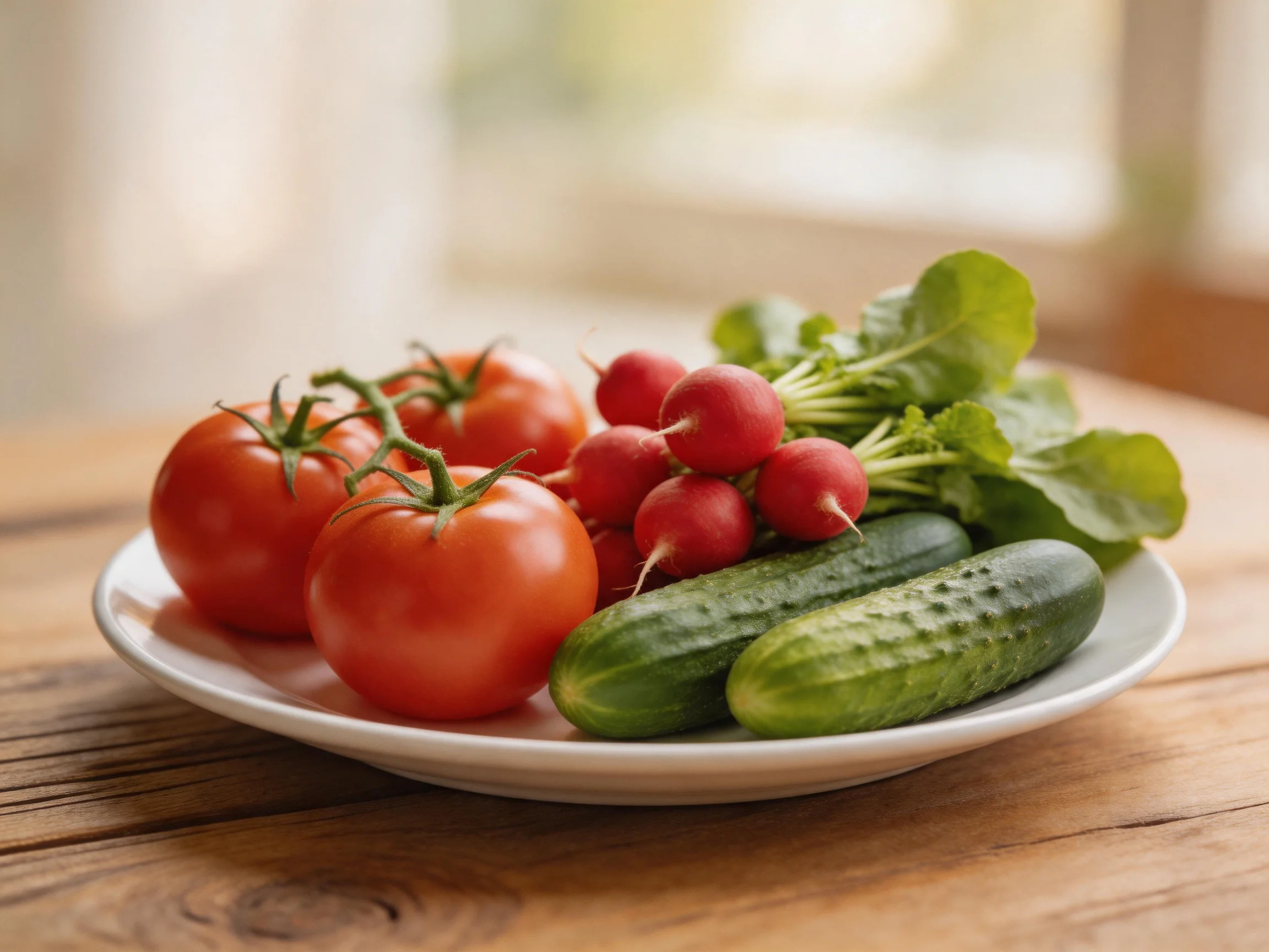 Fresh vegetables displayed on a white plate: tomatoes, radishes, cucumbers, leafy greens