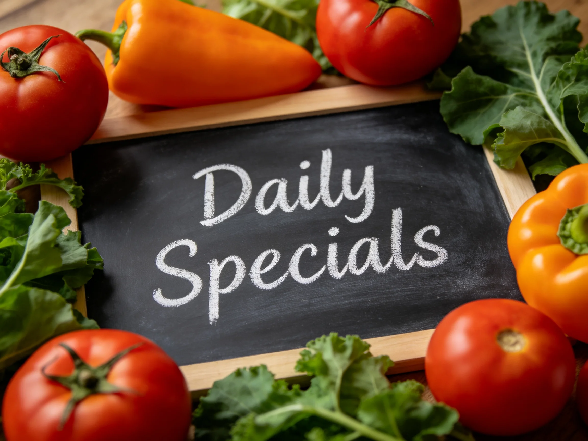 Fresh vegetables encircle a chalkboard displaying Daily Specials