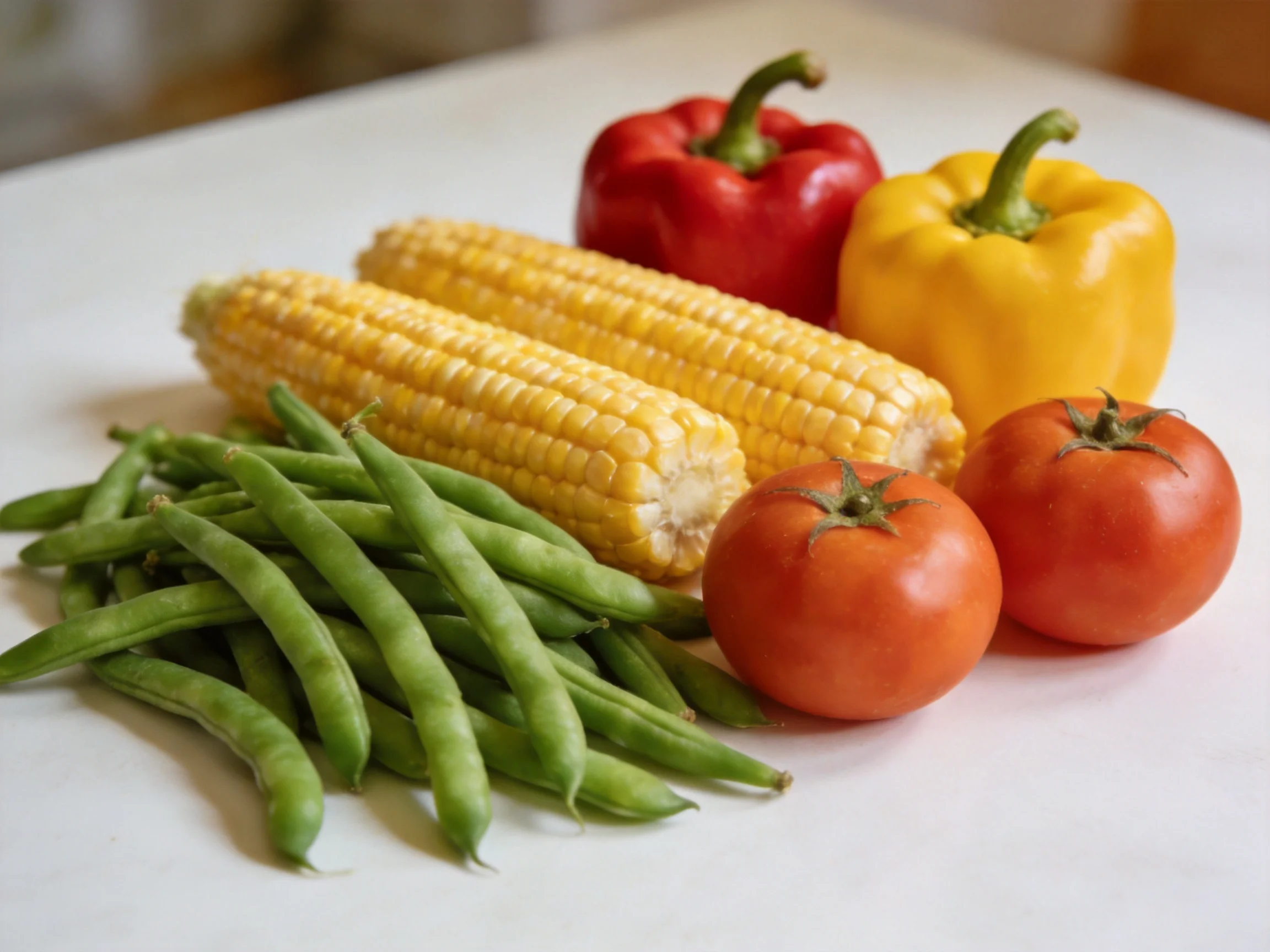 Fresh vegetables featuring two ears of corn, red and yellow bell peppers, tomatoes, and green beans