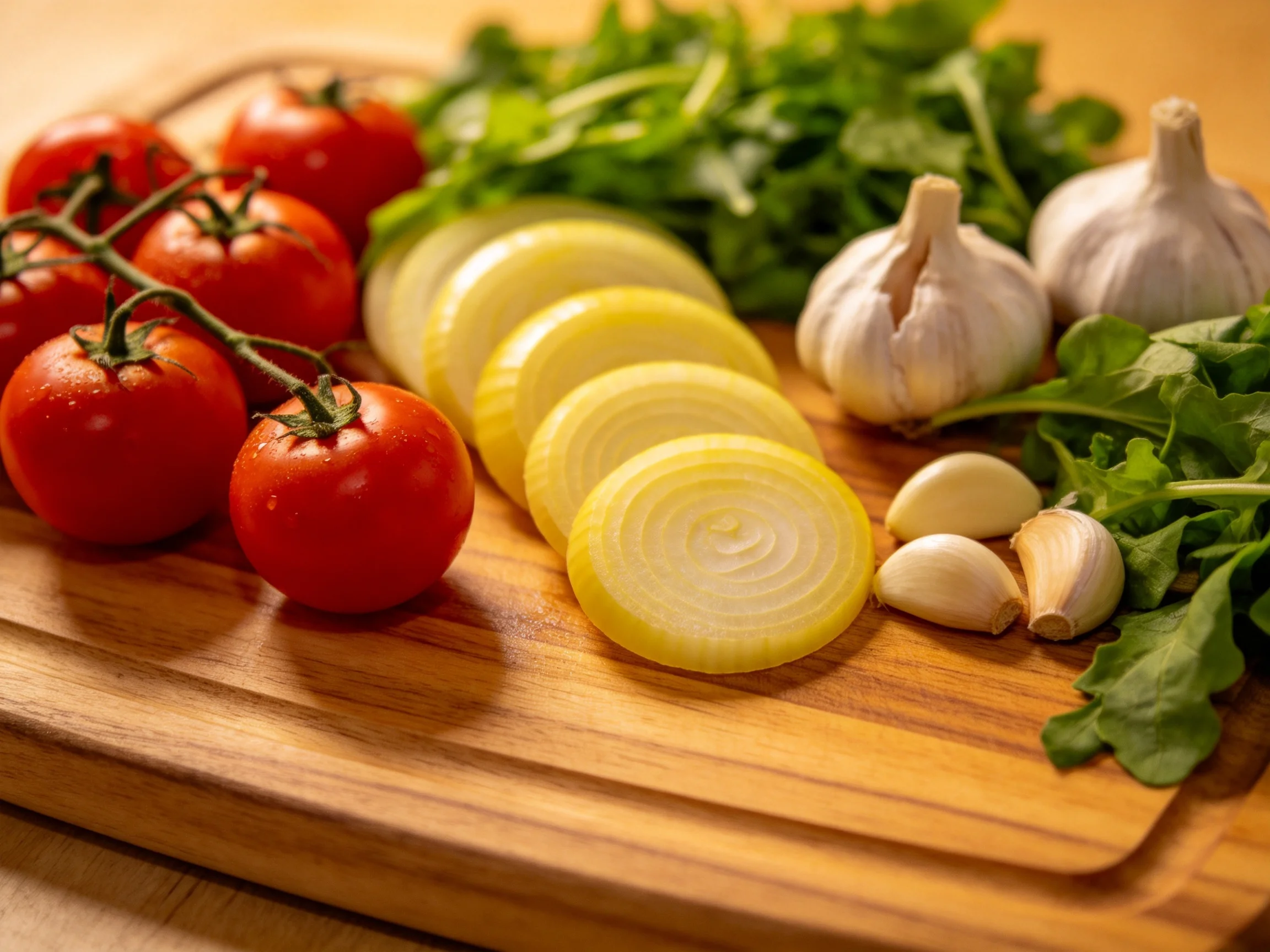 Fresh vegetables featuring vibrant red tomatoes, sliced yellow onions, garlic bulbs, and leafy greens