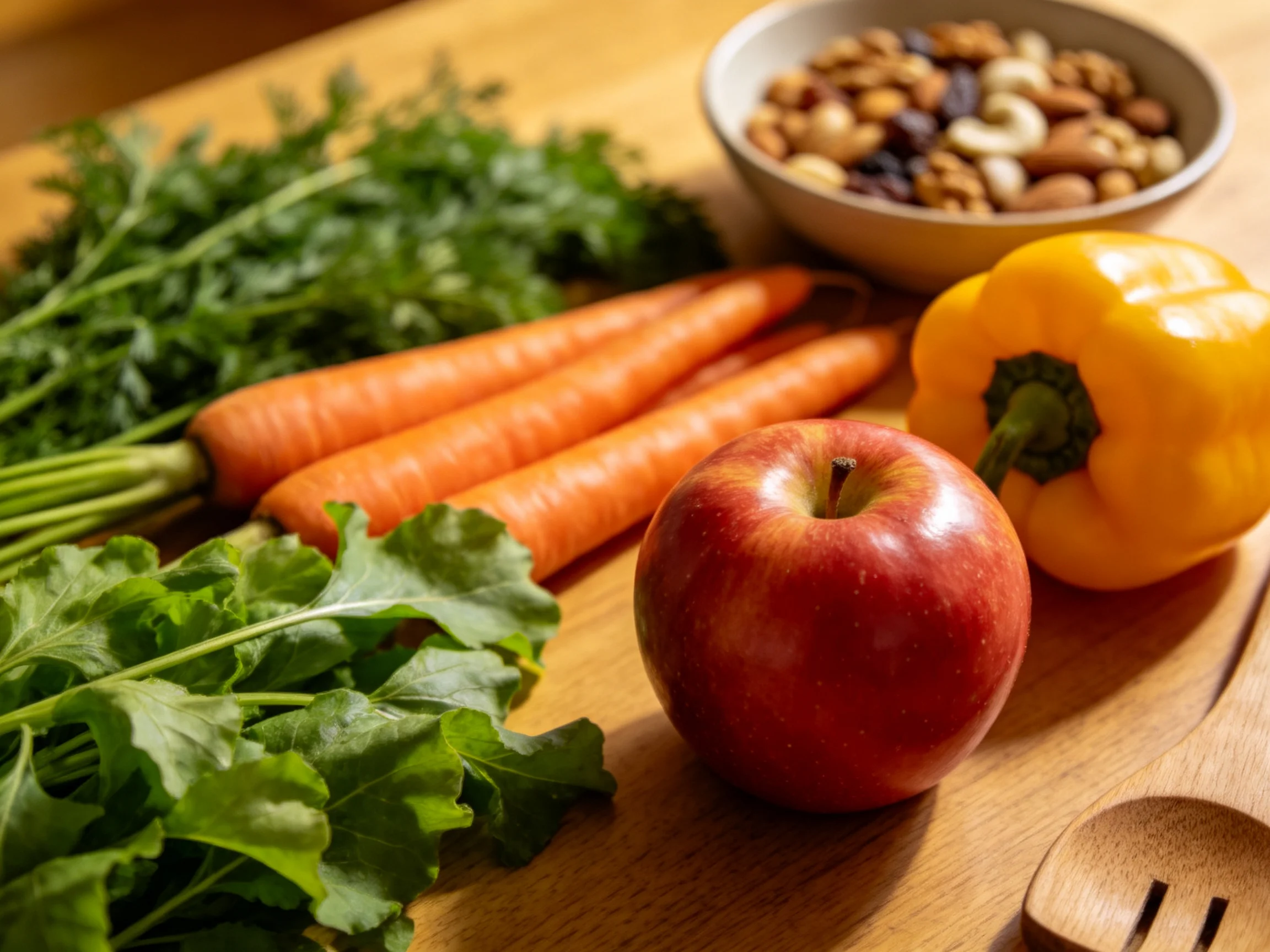 Fresh vegetables, fruits, and mixed nuts displayed on a wooden surface