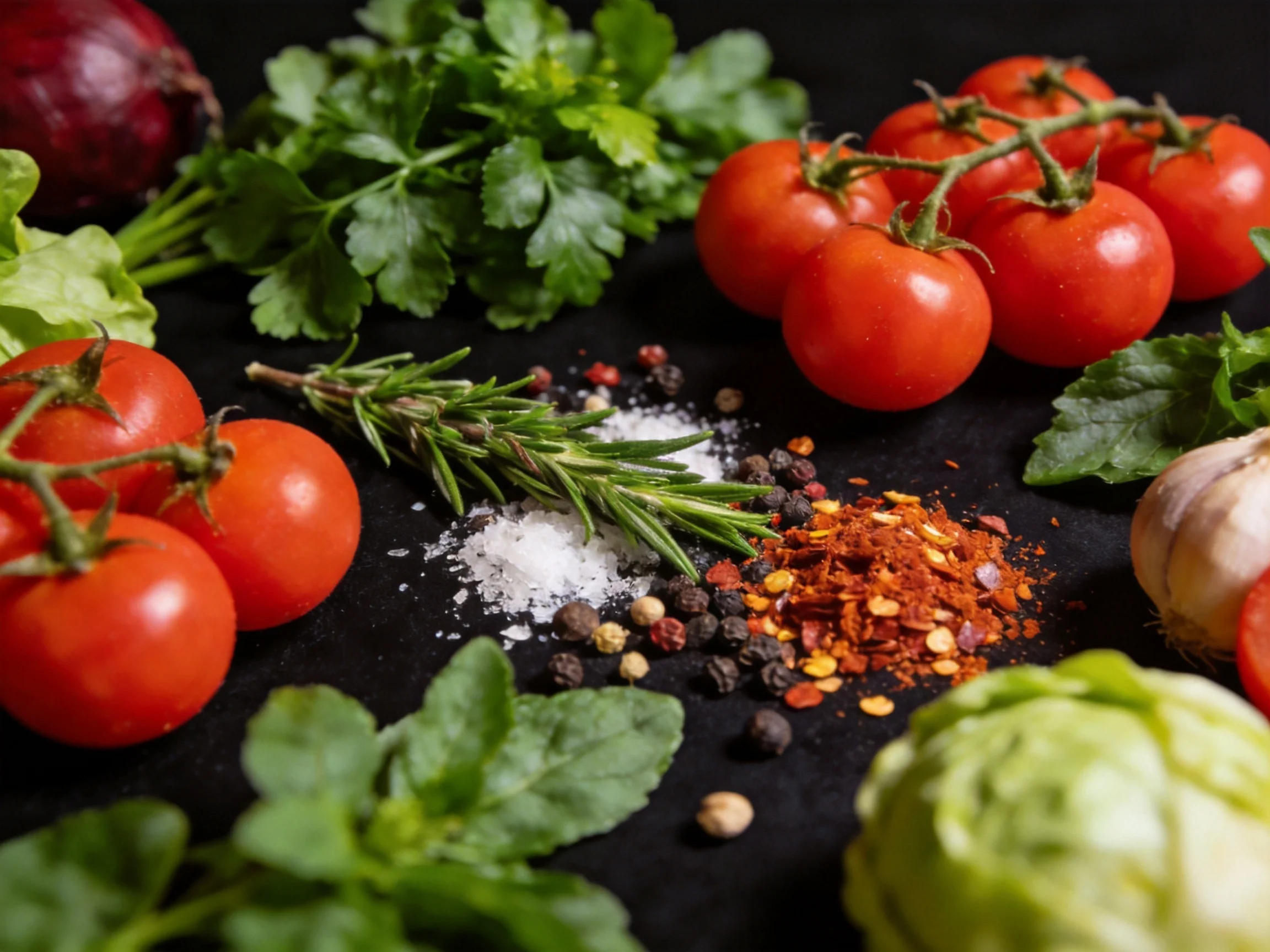 Fresh vegetables, herbs, and colorful spices arranged on a dark surface