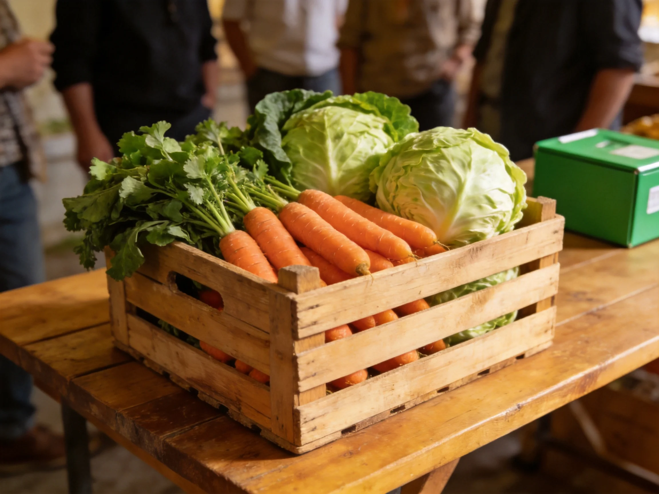 Fresh vegetables in a wooden crate on a rustic table