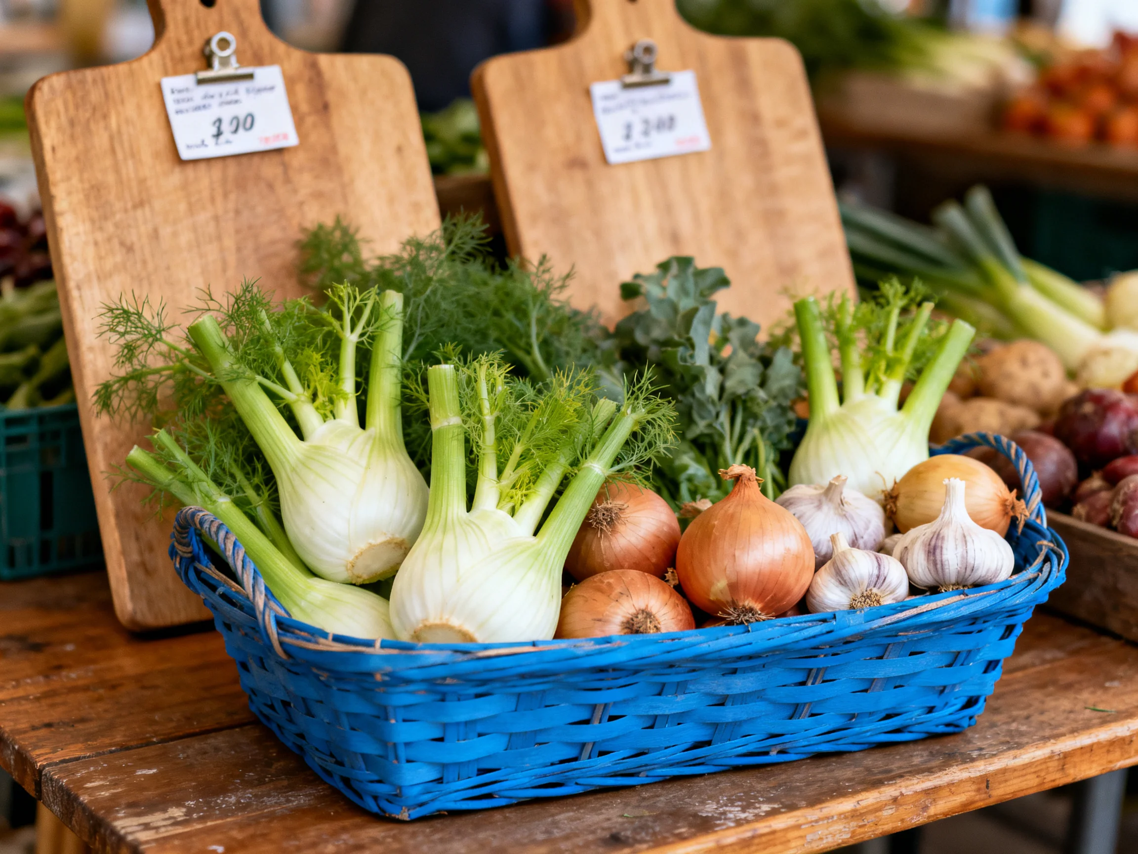 Fresh vegetables in blue basket at rustic market