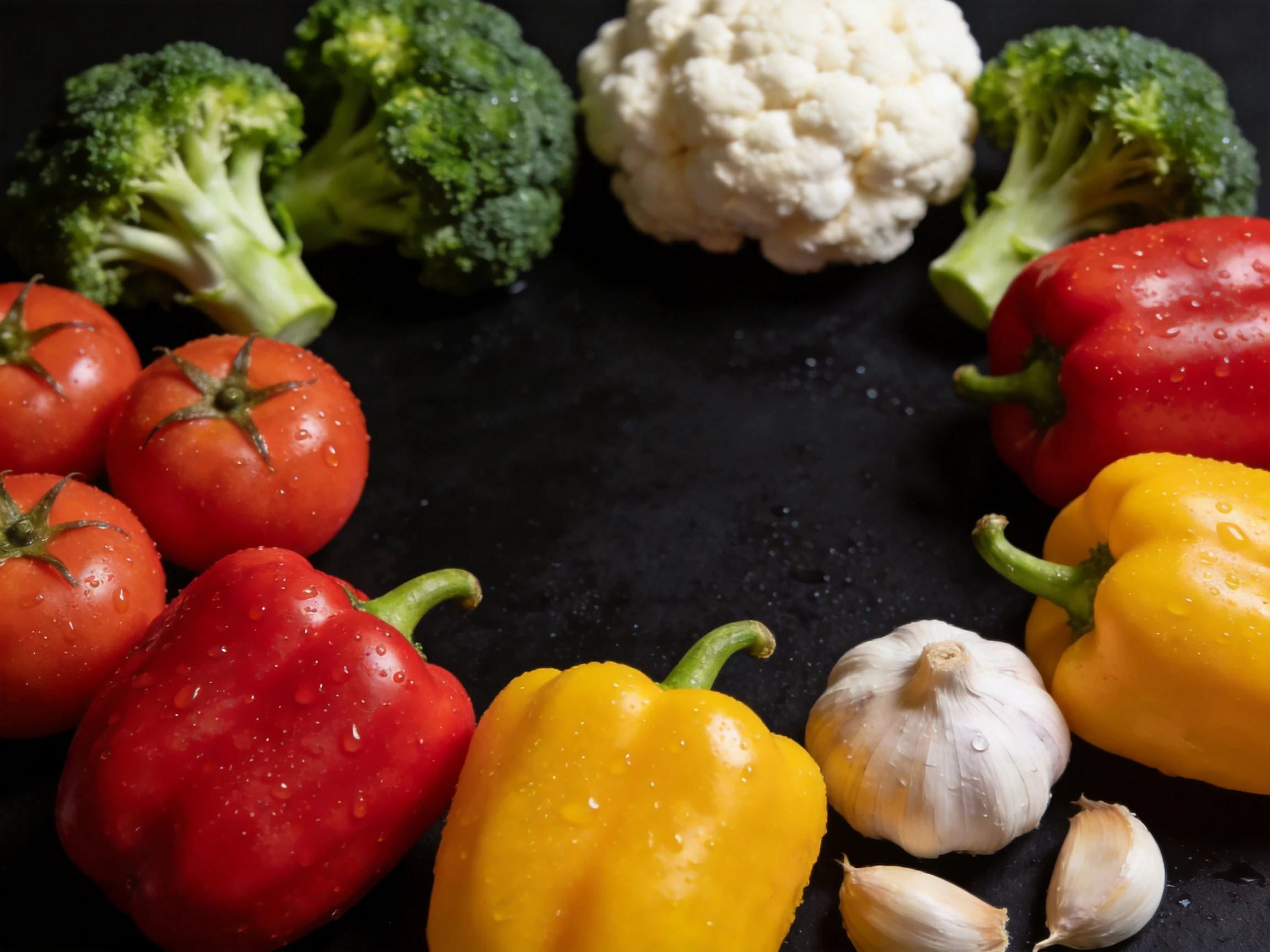 Fresh vegetables including broccoli, cauliflower, tomatoes, red and yellow bell peppers, and garlic o