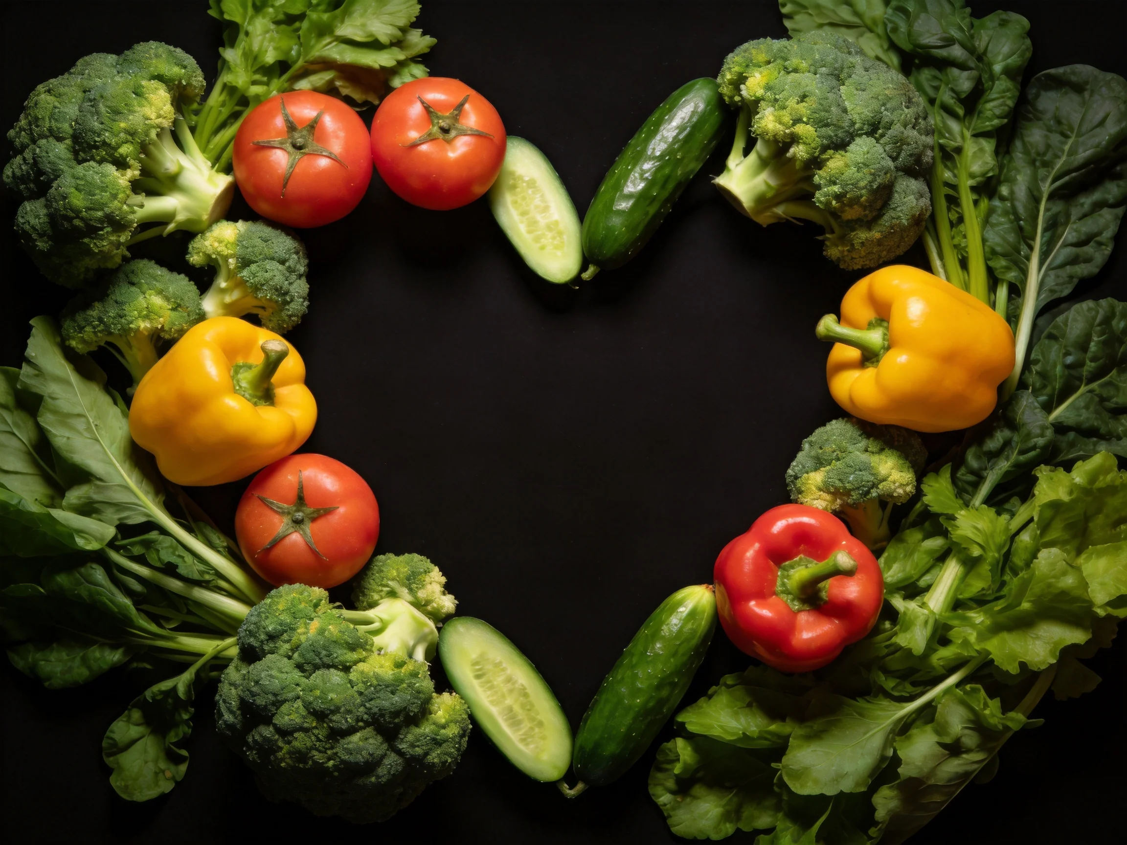 Fresh vegetables including broccoli, tomatoes, bell peppers, cucumbers, and leafy greens arranged in 