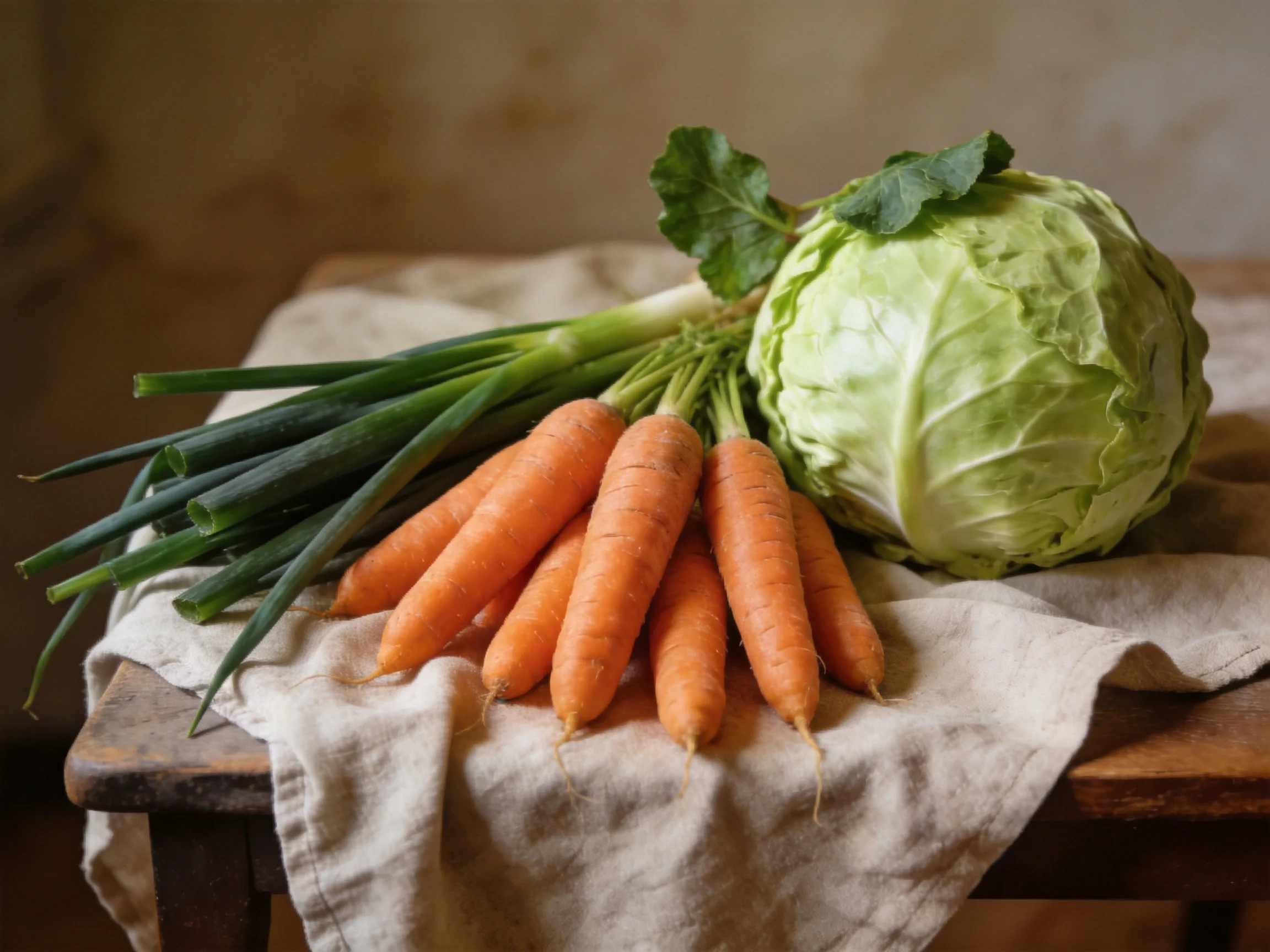 Fresh vegetables—including carrots, cabbage, and scallions—are displayed on a cloth.