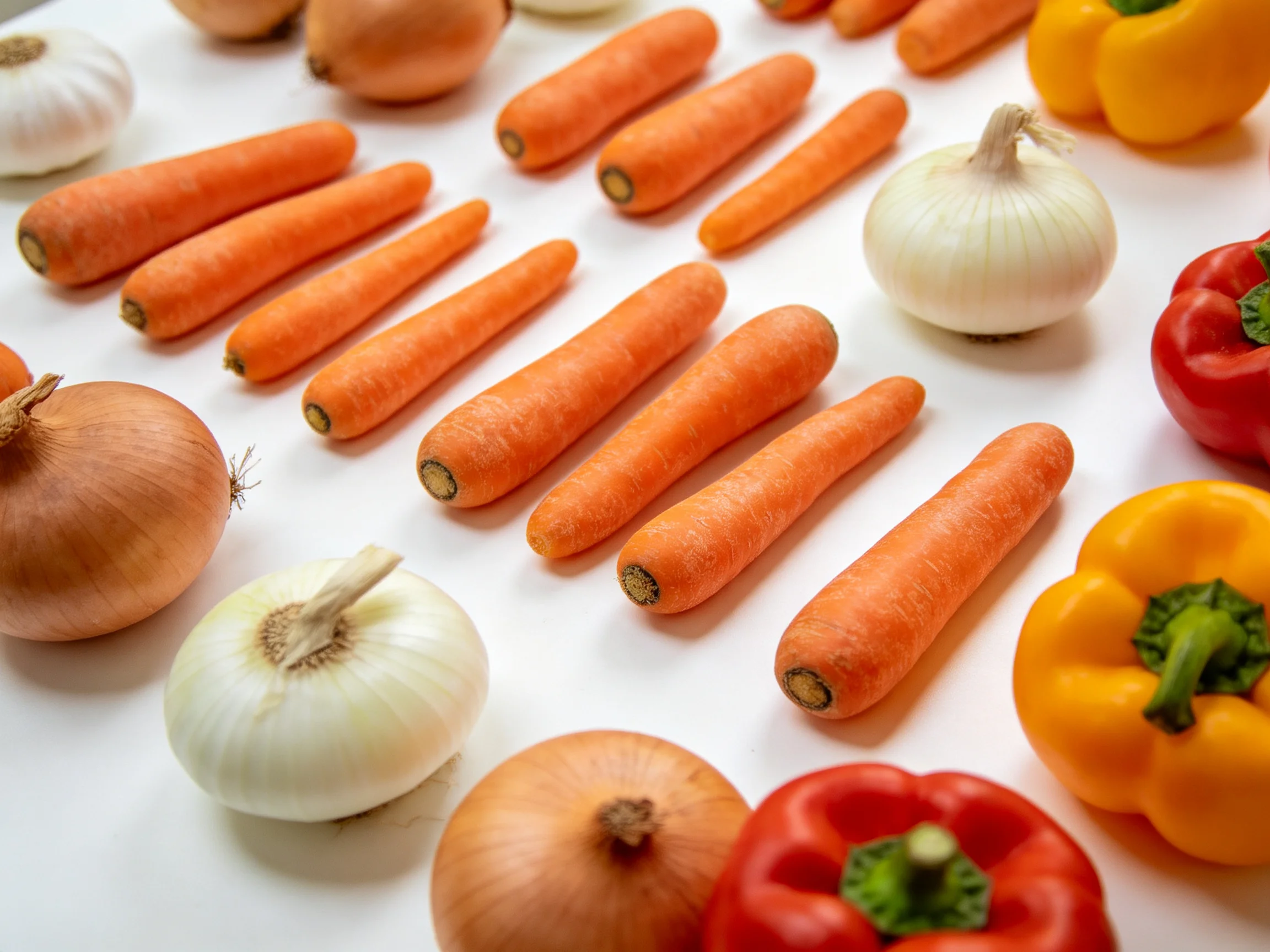 Fresh vegetables including carrots, onions, and red/yellow bell peppers arranged on a white surface