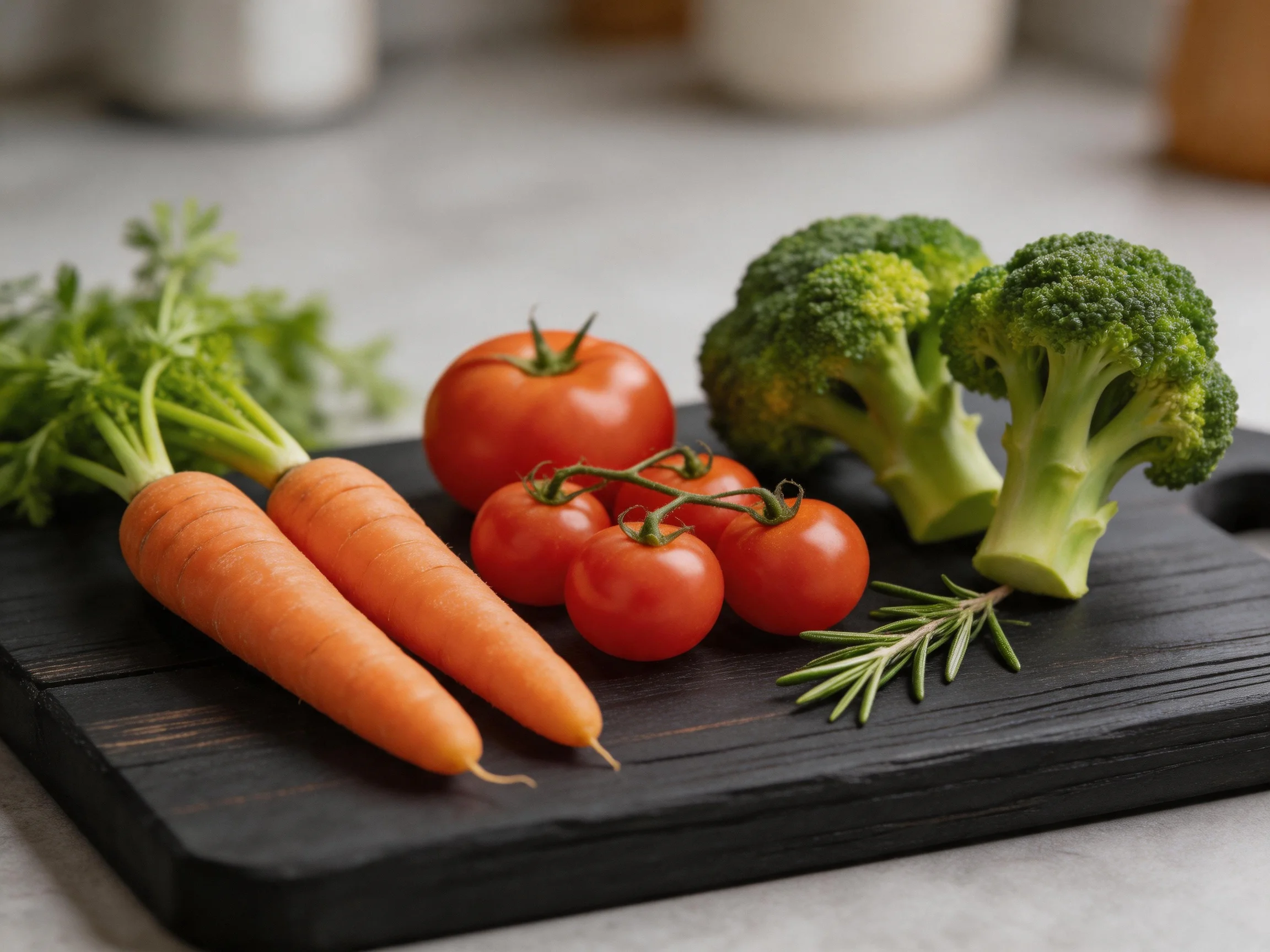 Fresh vegetables including carrots, tomatoes, broccoli, and rosemary arranged on a dark wooden cuttin