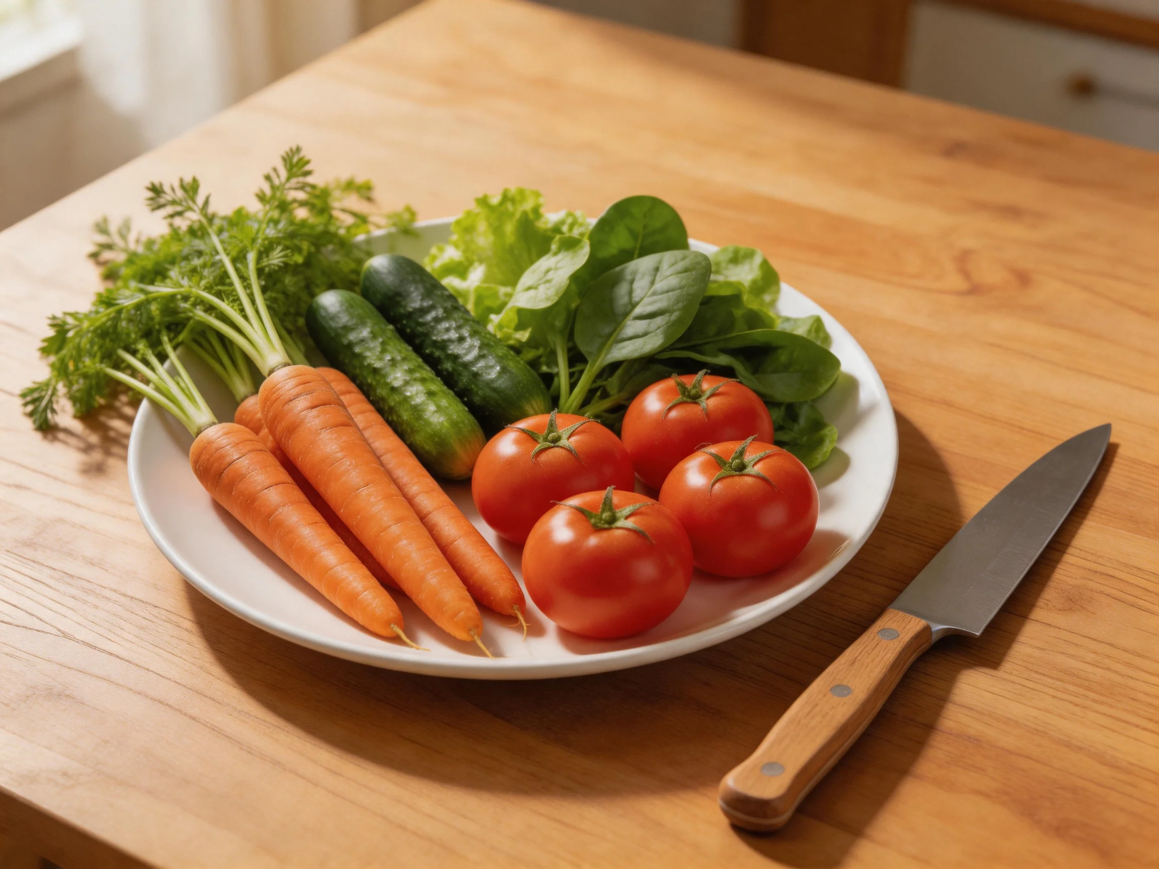 Fresh vegetables—including carrots, tomatoes, cucumbers, and leafy greens—are arranged on a white