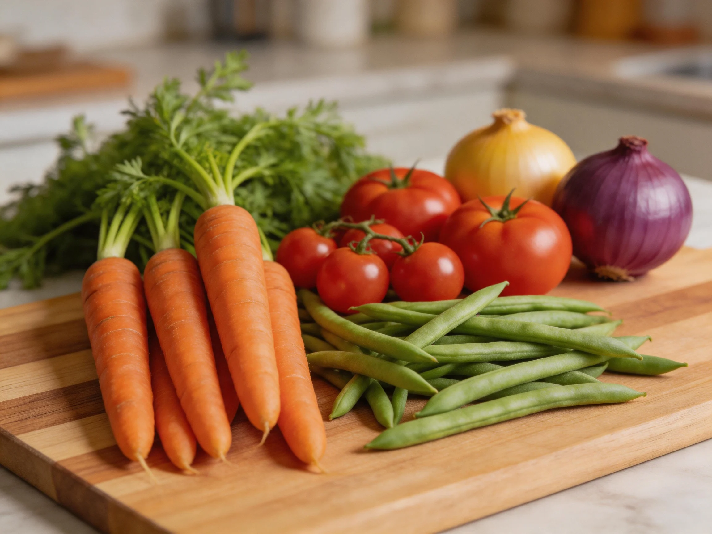 Fresh vegetables including carrots, tomatoes, onions, and green beans on a wooden cutting board