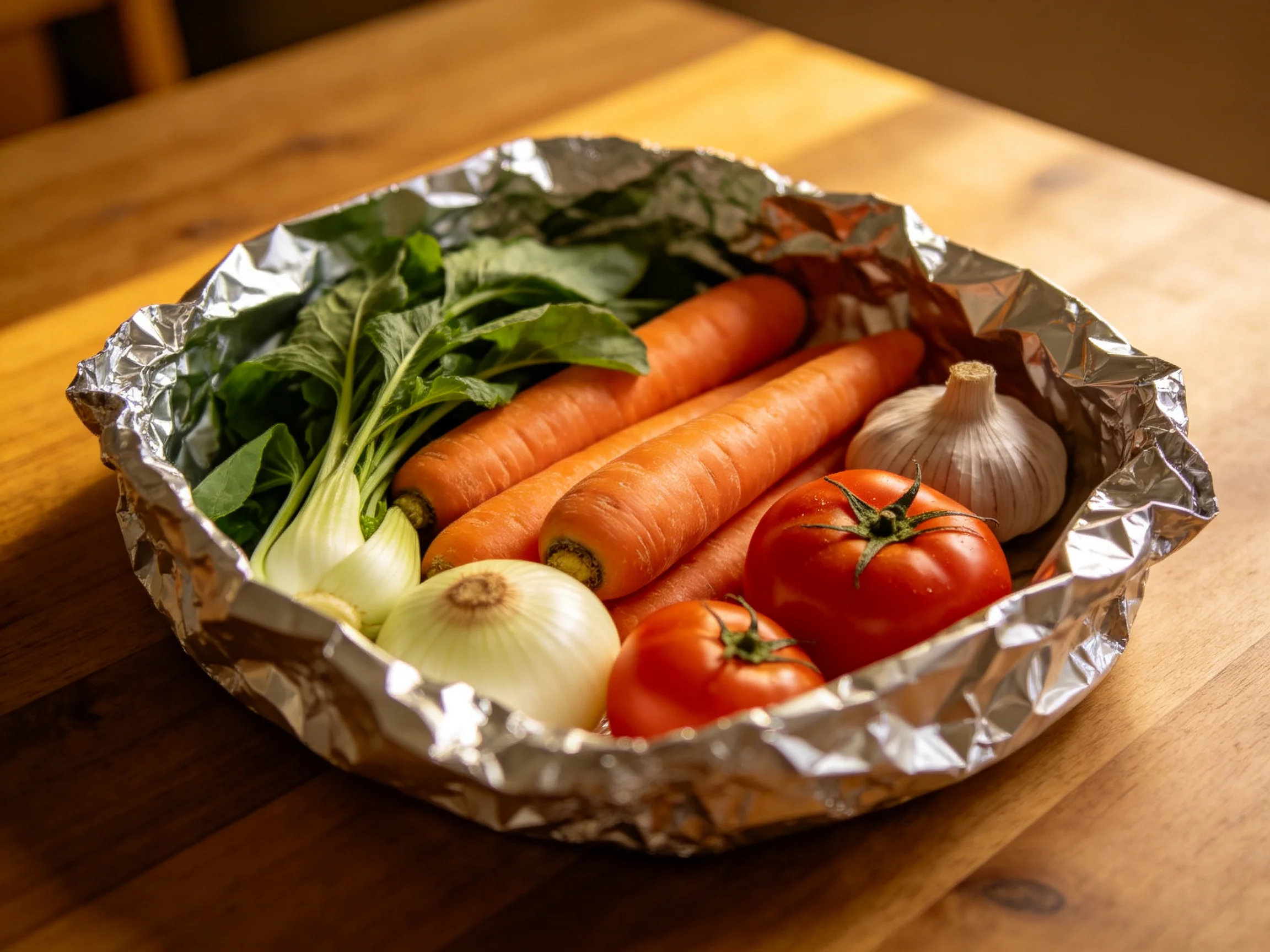 Fresh vegetables including carrots, tomatoes, onions, garlic, and greens arranged in aluminum foil