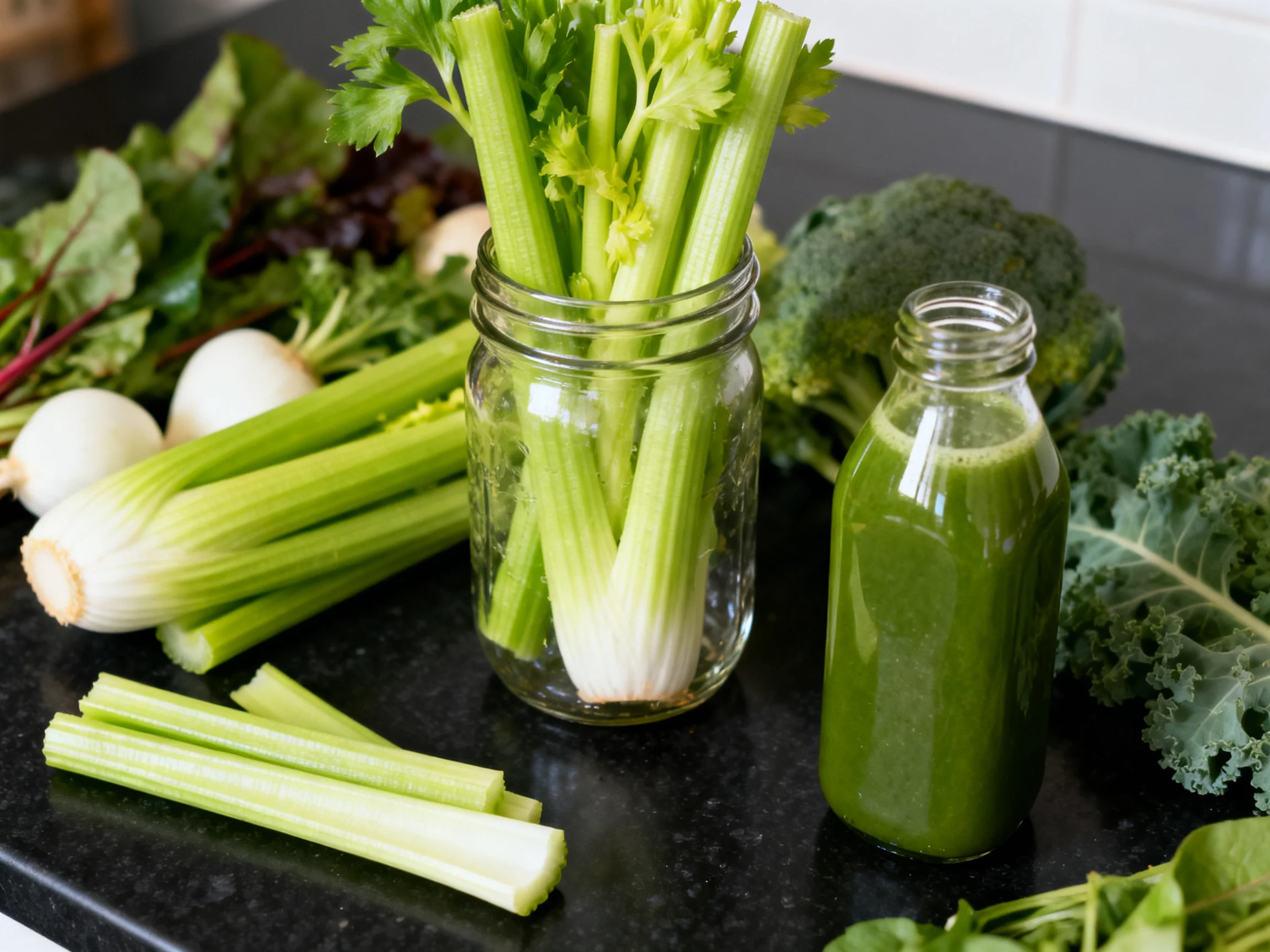 Fresh vegetables including celery, broccoli, kale, and a jar of celery with green juice.