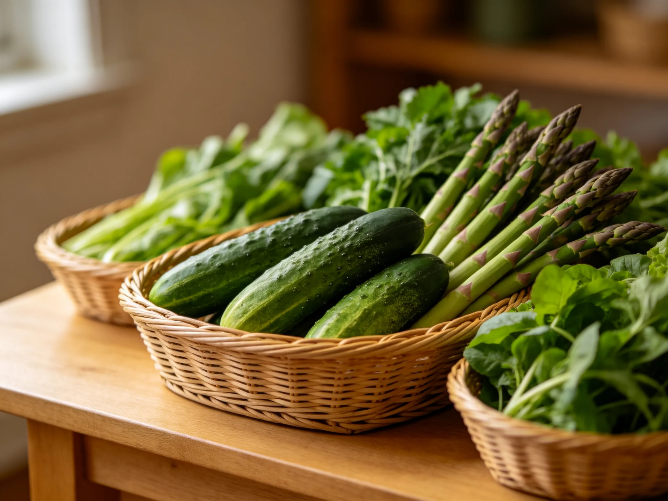 Fresh vegetables including cucumbers, asparagus, and leafy greens in wicker baskets