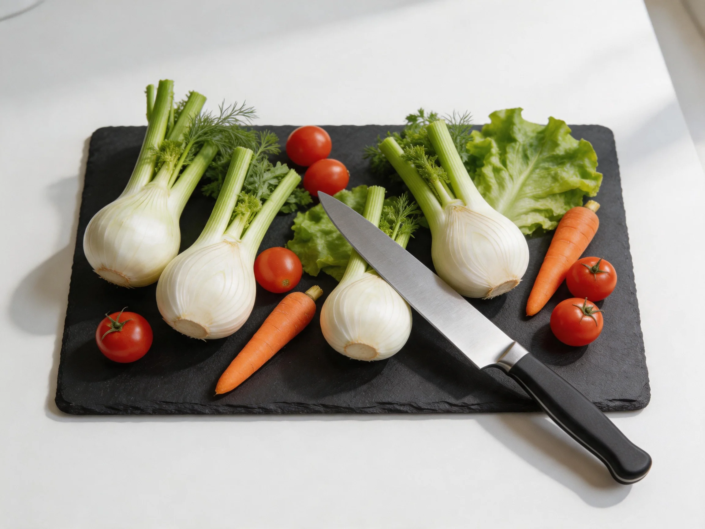 Fresh vegetables including fennel, cherry tomatoes, carrots, lettuce, and a knife on a dark slate sur