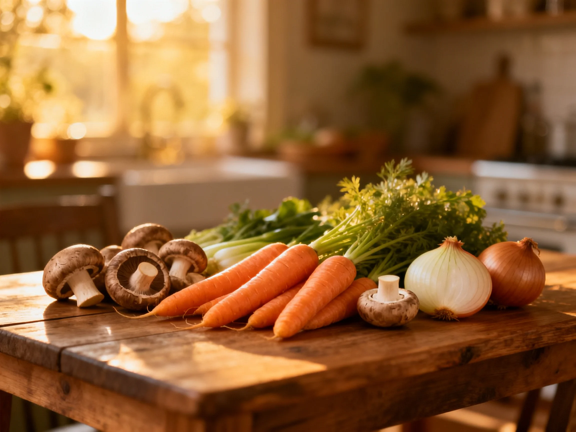 Fresh vegetables including mushrooms, carrots, onions, and leafy greens on a wooden table