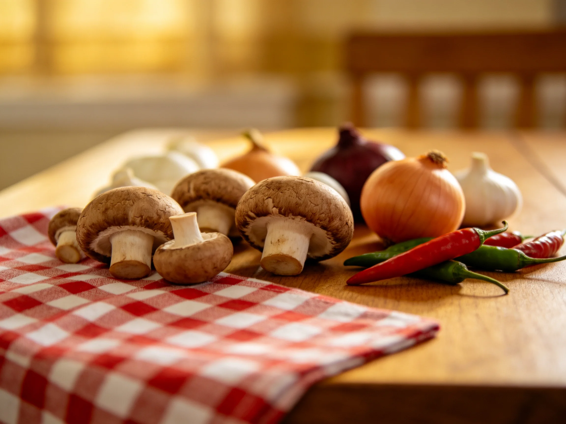 Fresh vegetables including mushrooms, onions, garlic, and chilies displayed on a wooden surface