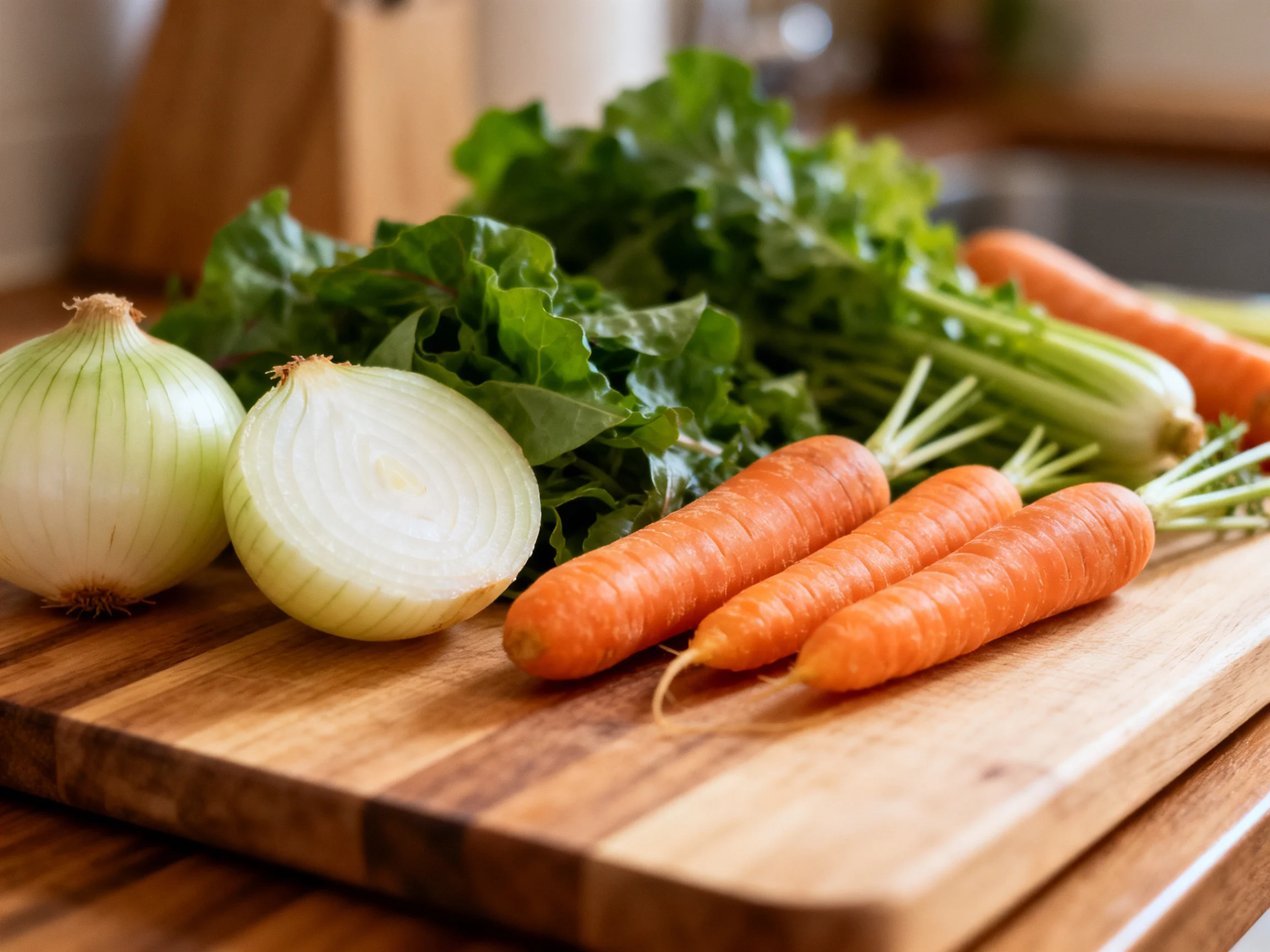 Fresh vegetables including onions, carrots, and leafy greens arranged on a wooden cutting board