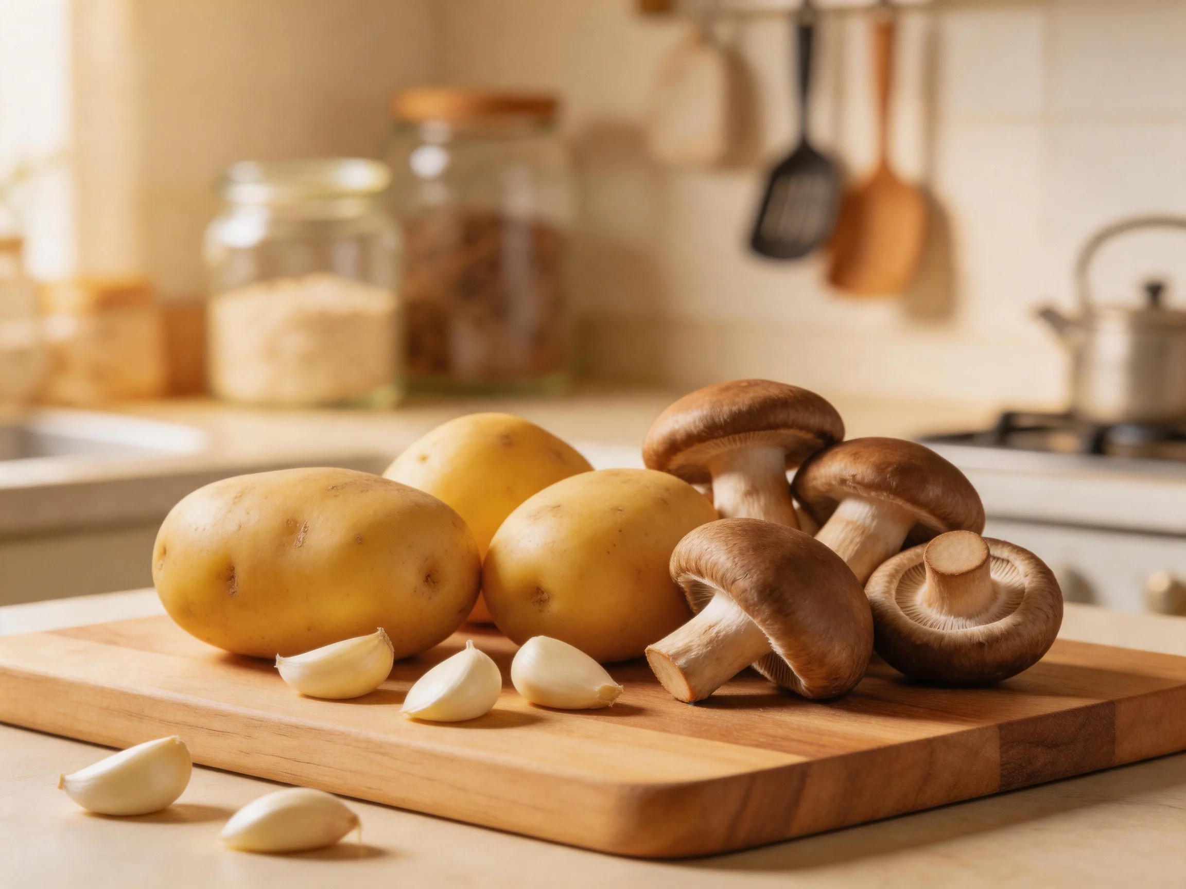 Fresh vegetables including potatoes, mushrooms, and garlic arranged on a wooden cutting board in a ki