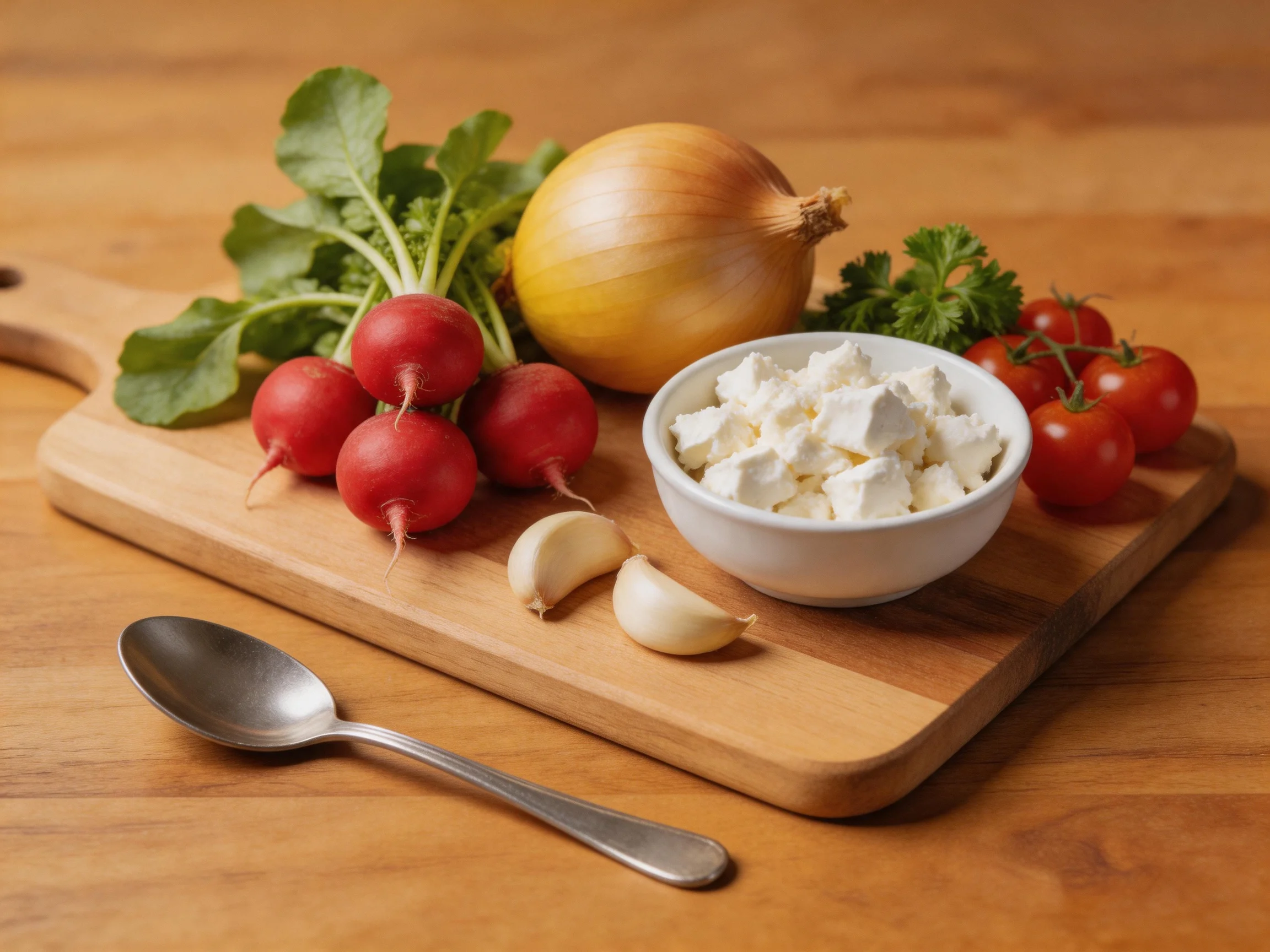 Fresh vegetables including radishes, onion, cherry tomatoes, garlic, feta, and parsley on a wooden cu
