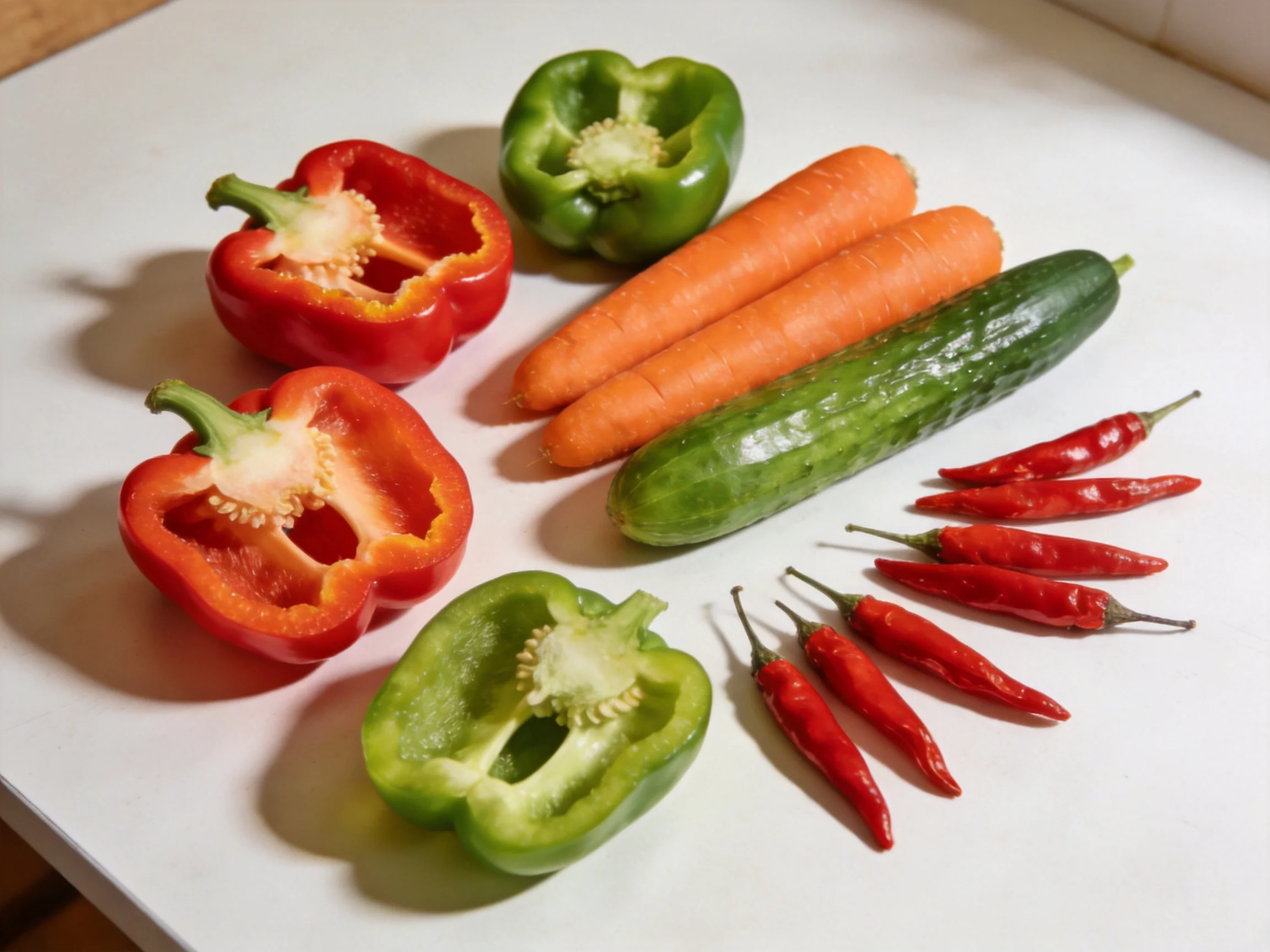 Fresh vegetables including red and green bell peppers, carrots, cucumber, and red chili peppers on a 