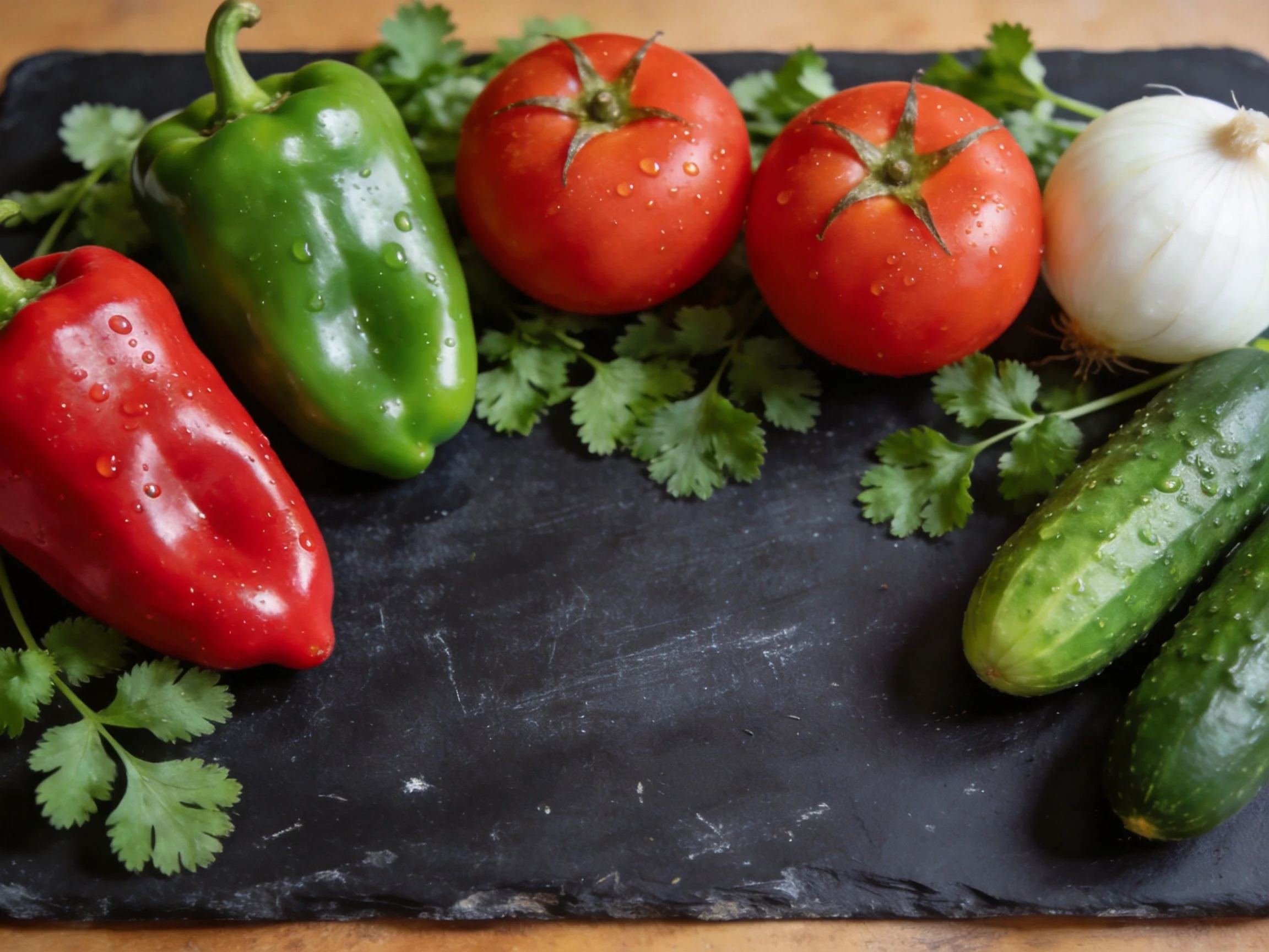 Fresh vegetables including red and green bell peppers, tomatoes, onion, cucumber, and cilantro arrang
