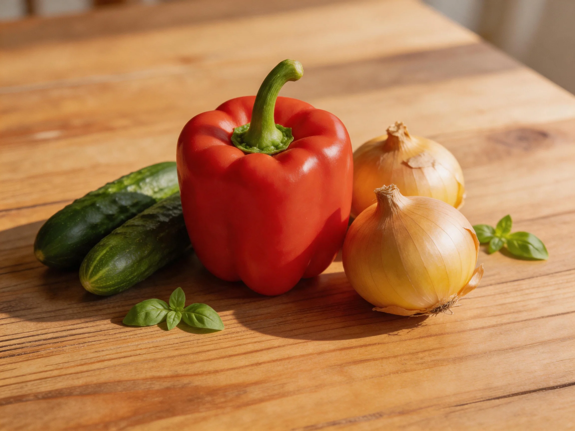 Fresh vegetables including red bell pepper, cucumbers, onions, and basil arranged on wood