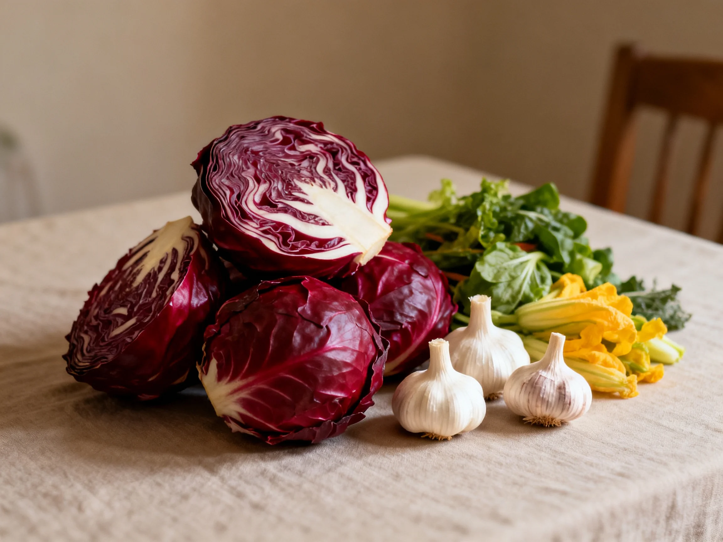 Fresh vegetables including red cabbage, garlic, and leafy greens arranged on a table