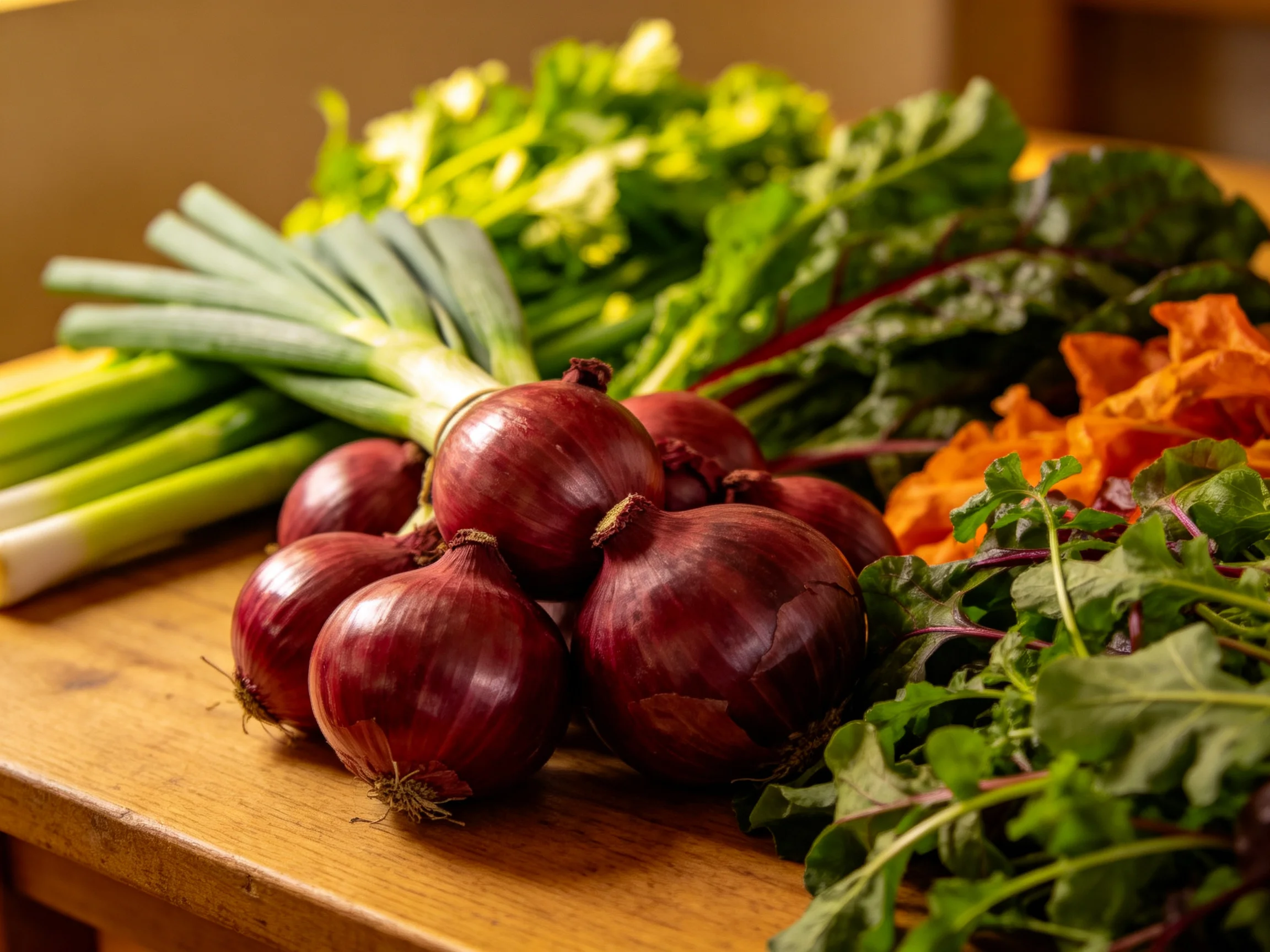 Fresh vegetables including red onions, green onions, and leafy greens on a wooden table