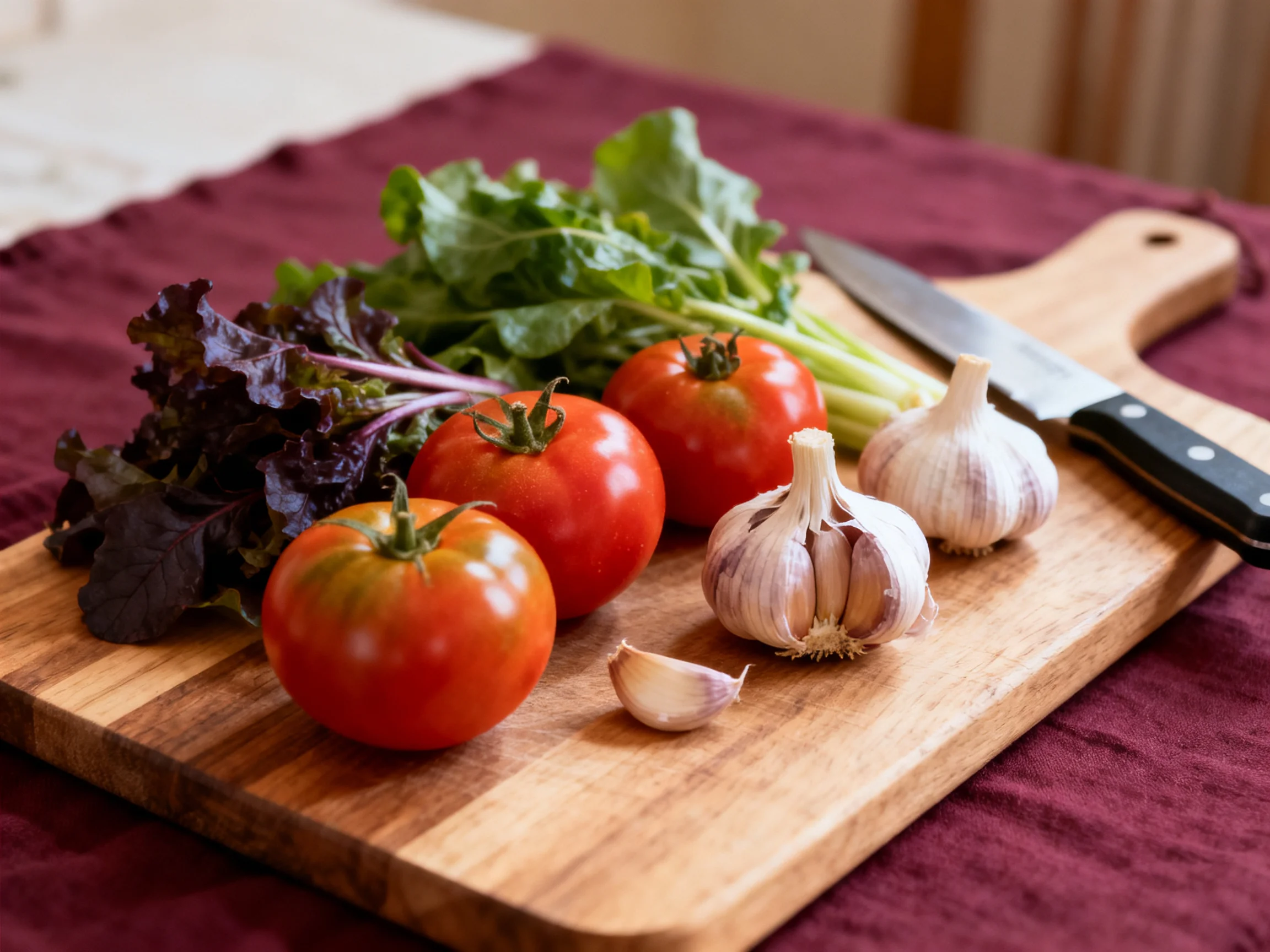 Fresh vegetables including three tomatoes, two garlic bulbs, and mixed leafy greens on a wooden cutti