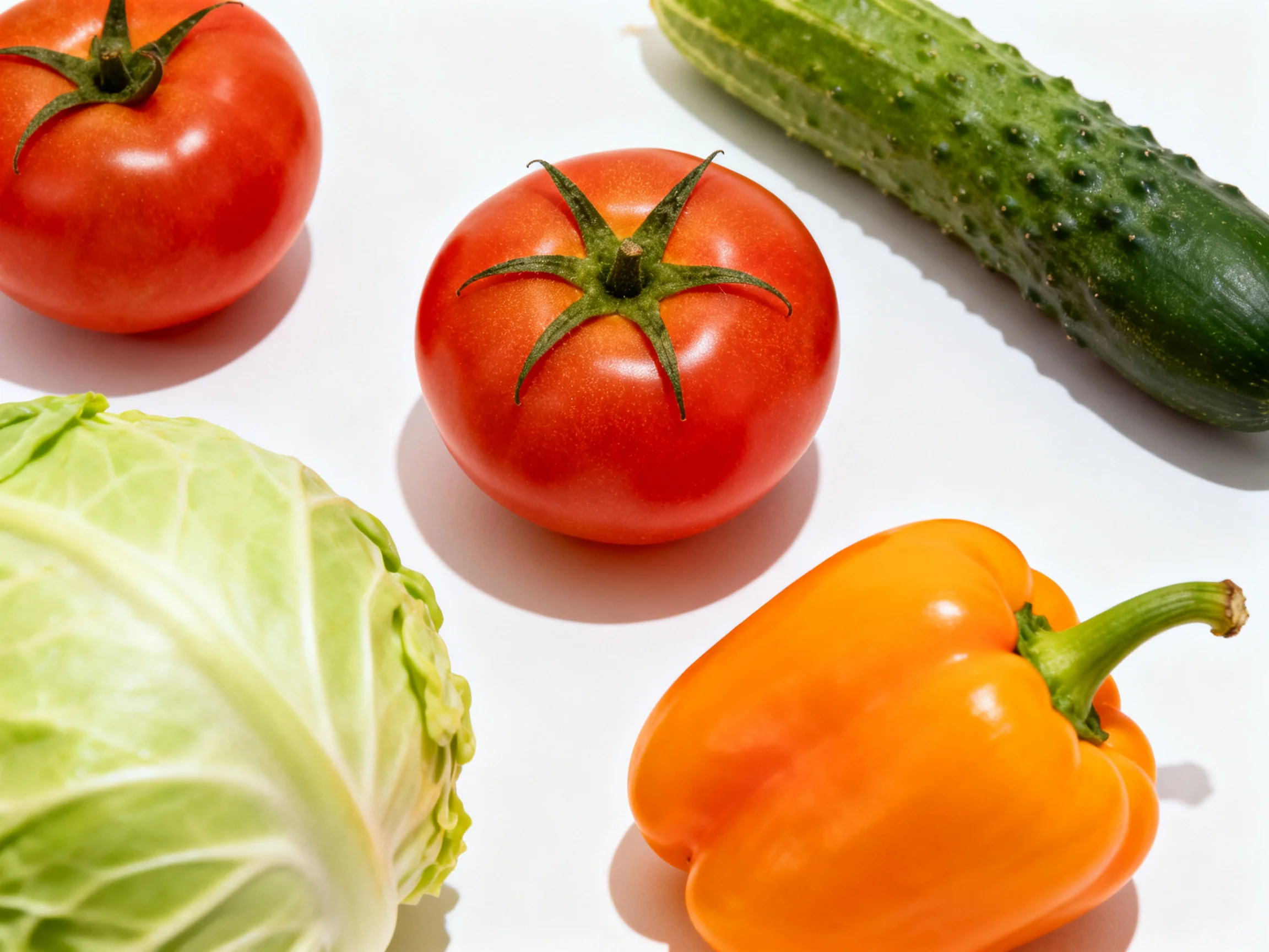 Fresh vegetables including tomato, cucumber, cabbage, and bell pepper
