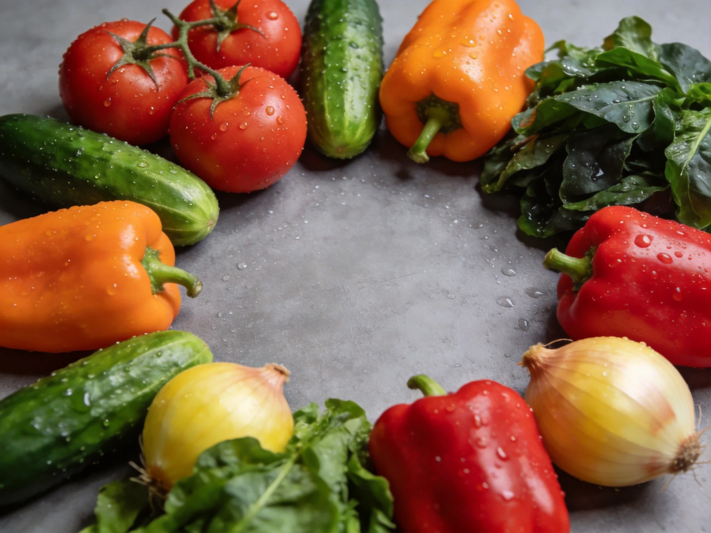 Fresh vegetables including tomatoes, bell peppers, cucumbers, onions, and leafy greens arranged in a 