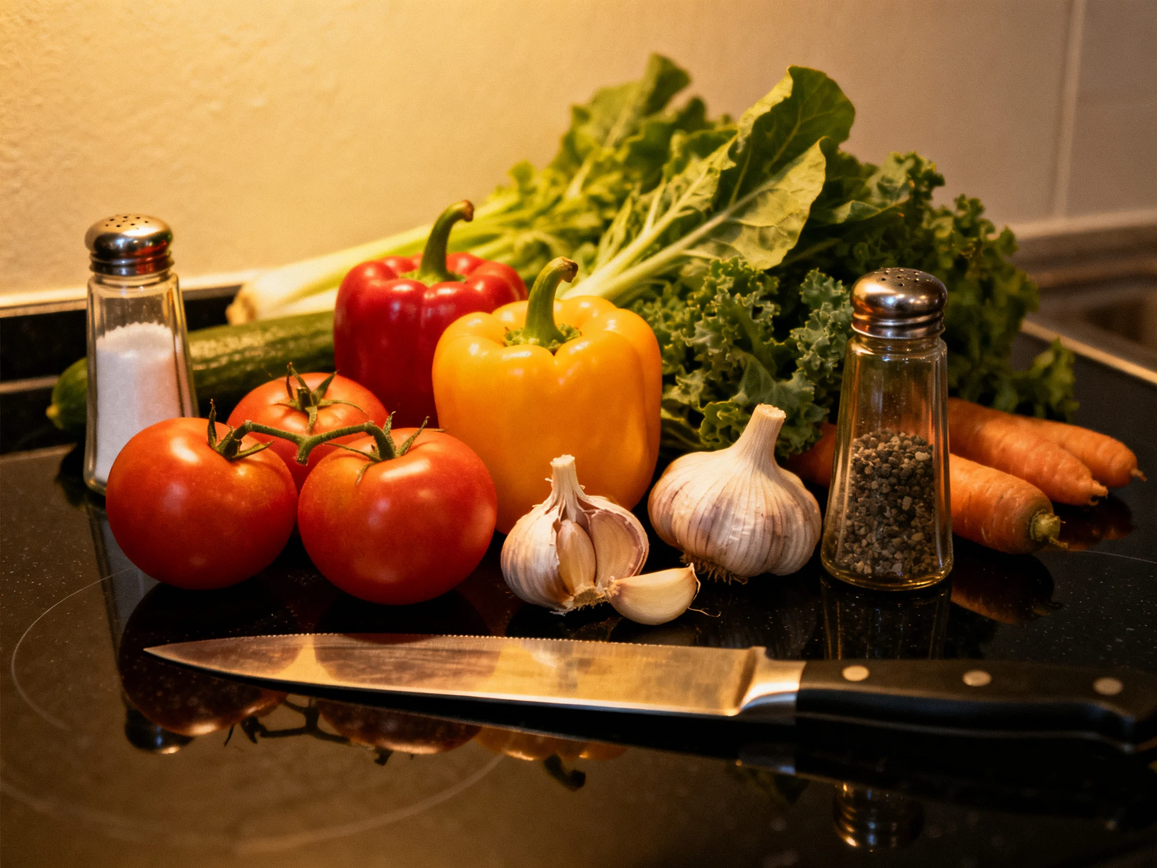 Fresh vegetables including tomatoes, bell peppers, kale, garlic, carrots, seasonings, and a knife on 