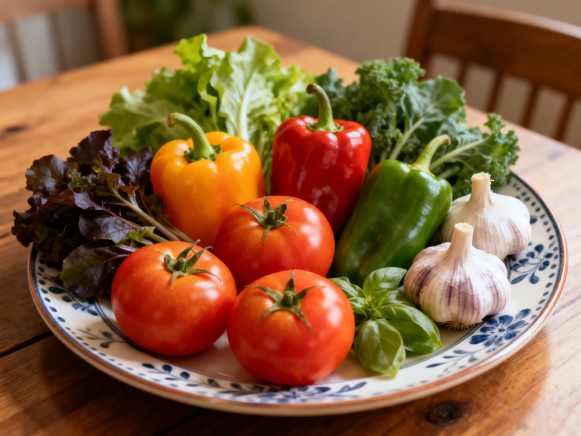 Fresh vegetables including tomatoes, bell peppers, leafy greens, garlic, and basil arranged on a deco
