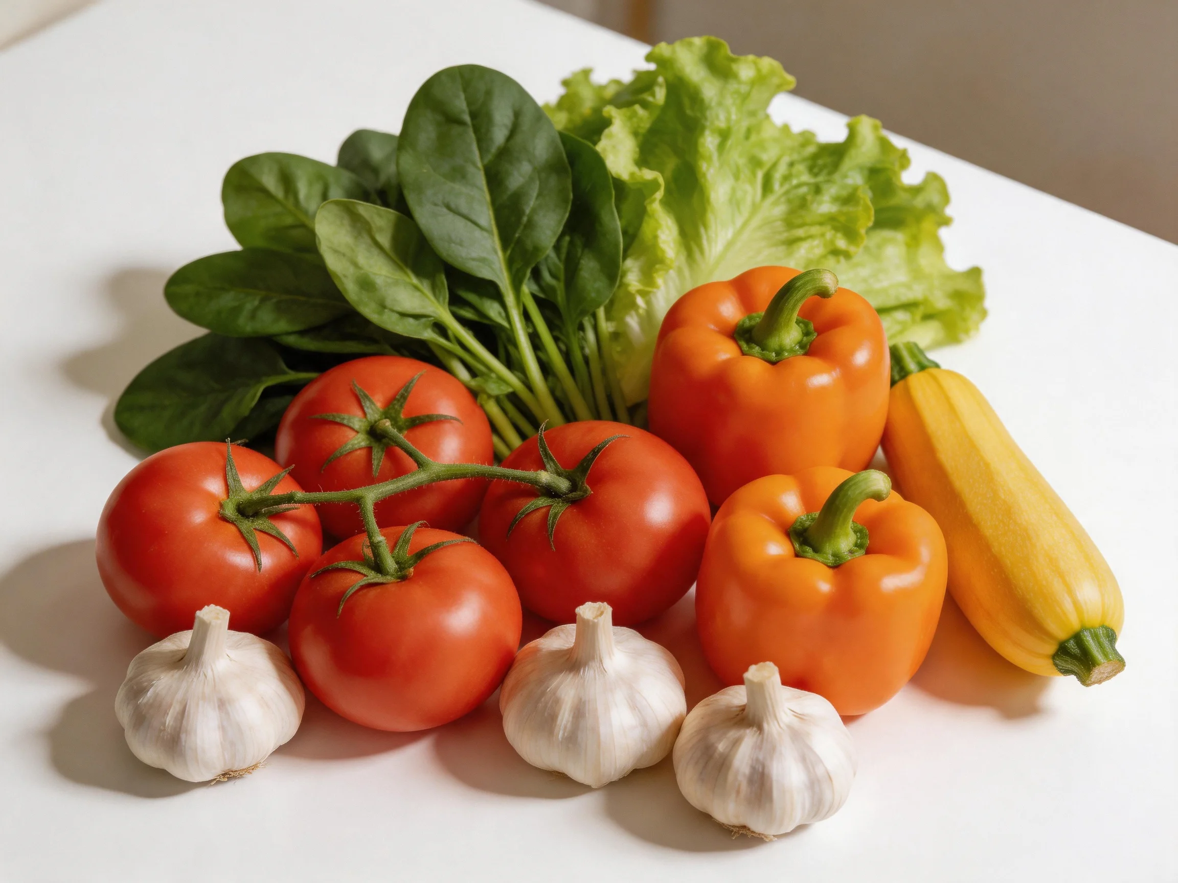 Fresh vegetables including tomatoes, bell peppers, zucchini, garlic, spinach, and lettuce on a white 
