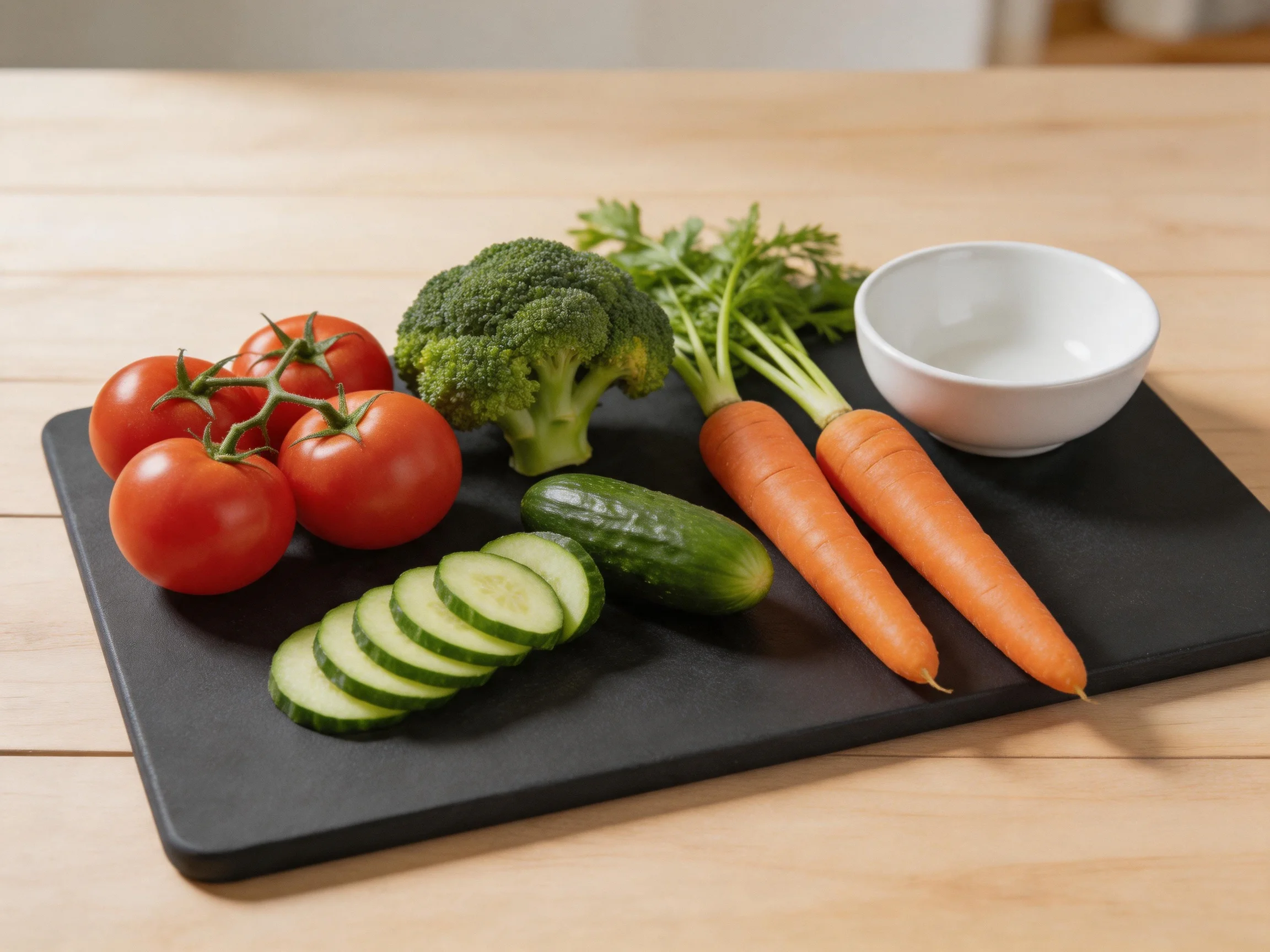 Fresh vegetables including tomatoes, broccoli, carrots, and cucumbers on a cuttingboard