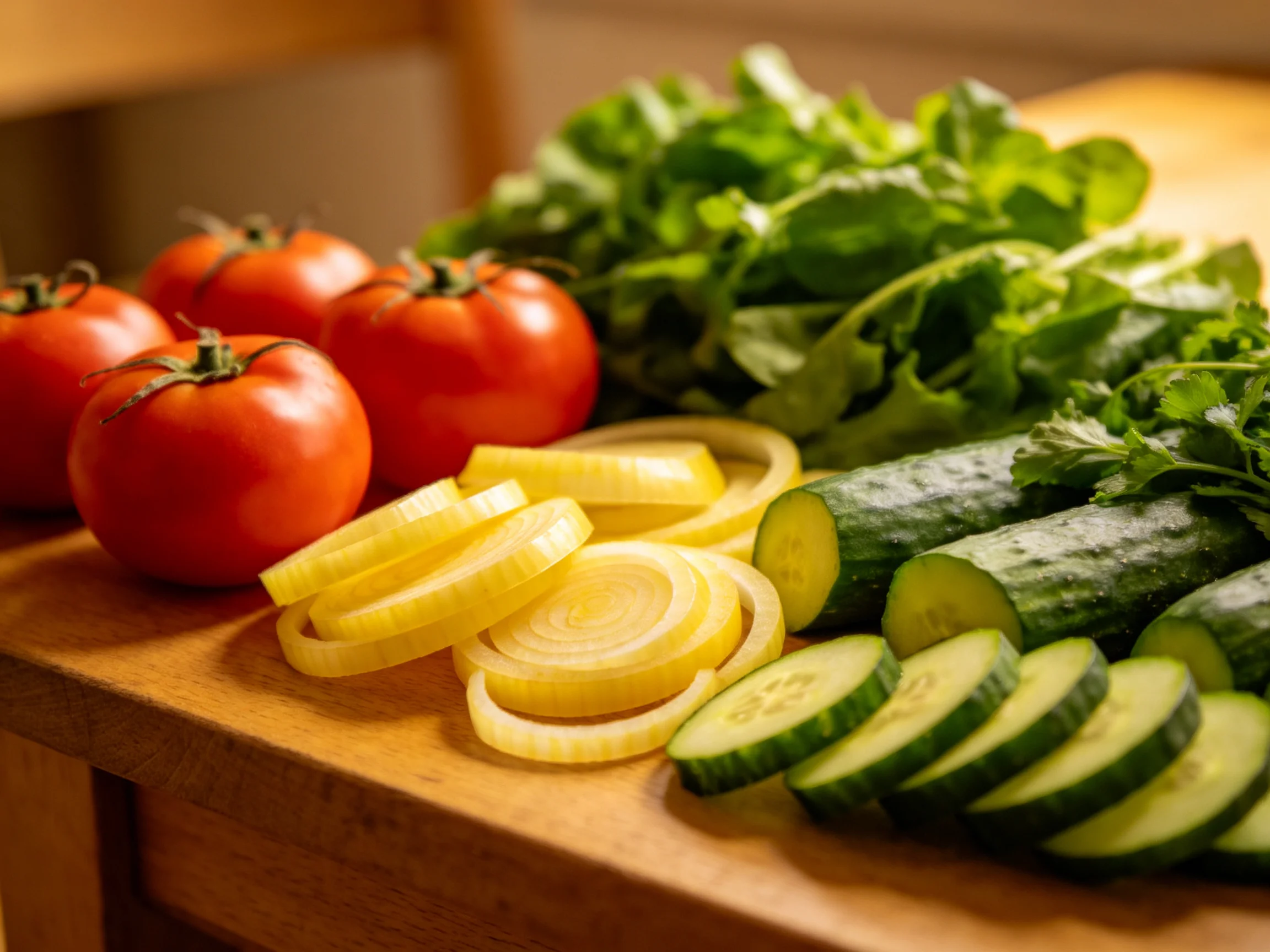 Fresh vegetables including tomatoes, lettuce, onions, and cucumbers on a wooden cutting board