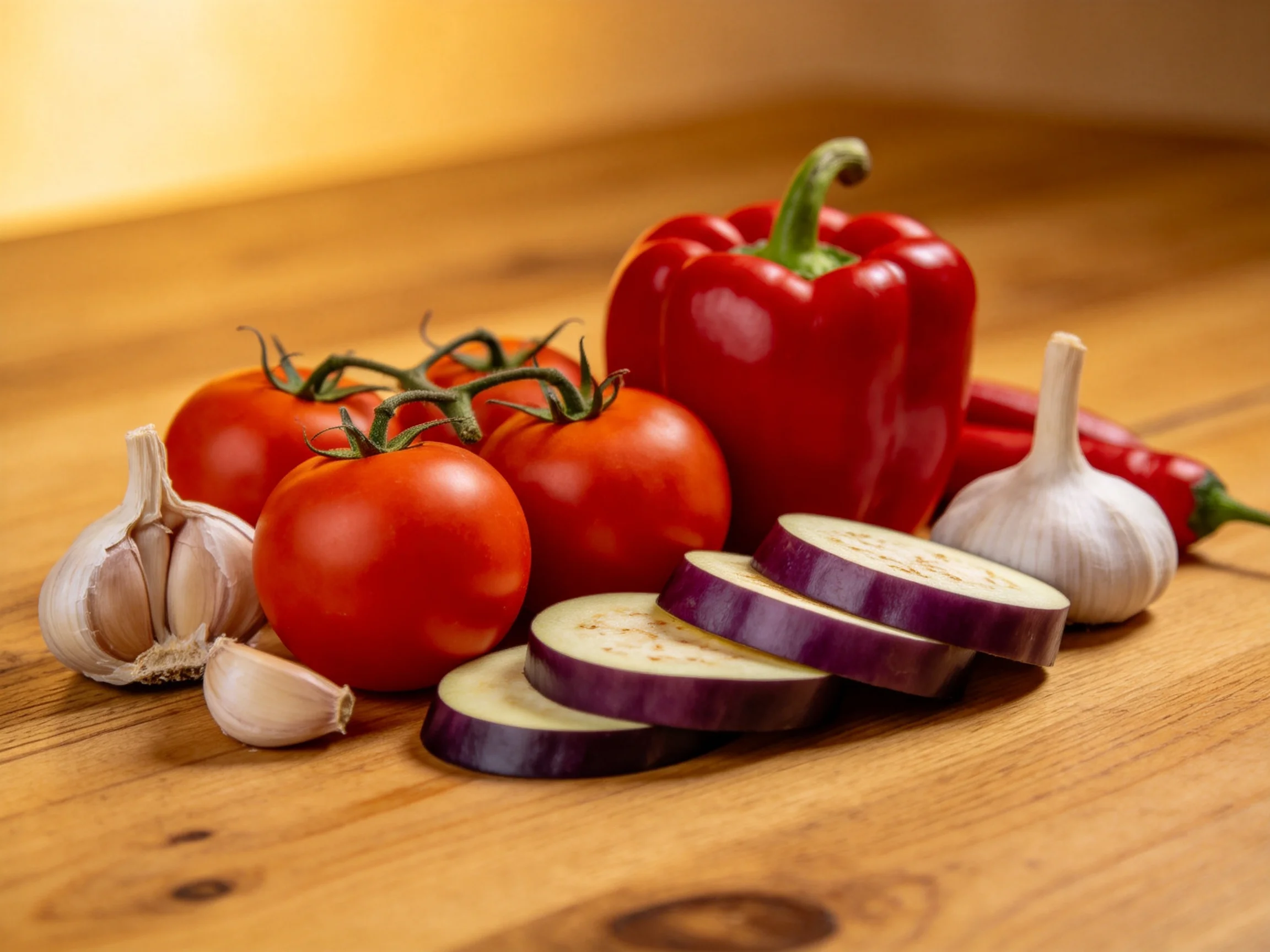 Fresh vegetables including tomatoes, red bell pepper, garlic, sliced eggplant, and chili peppers on a