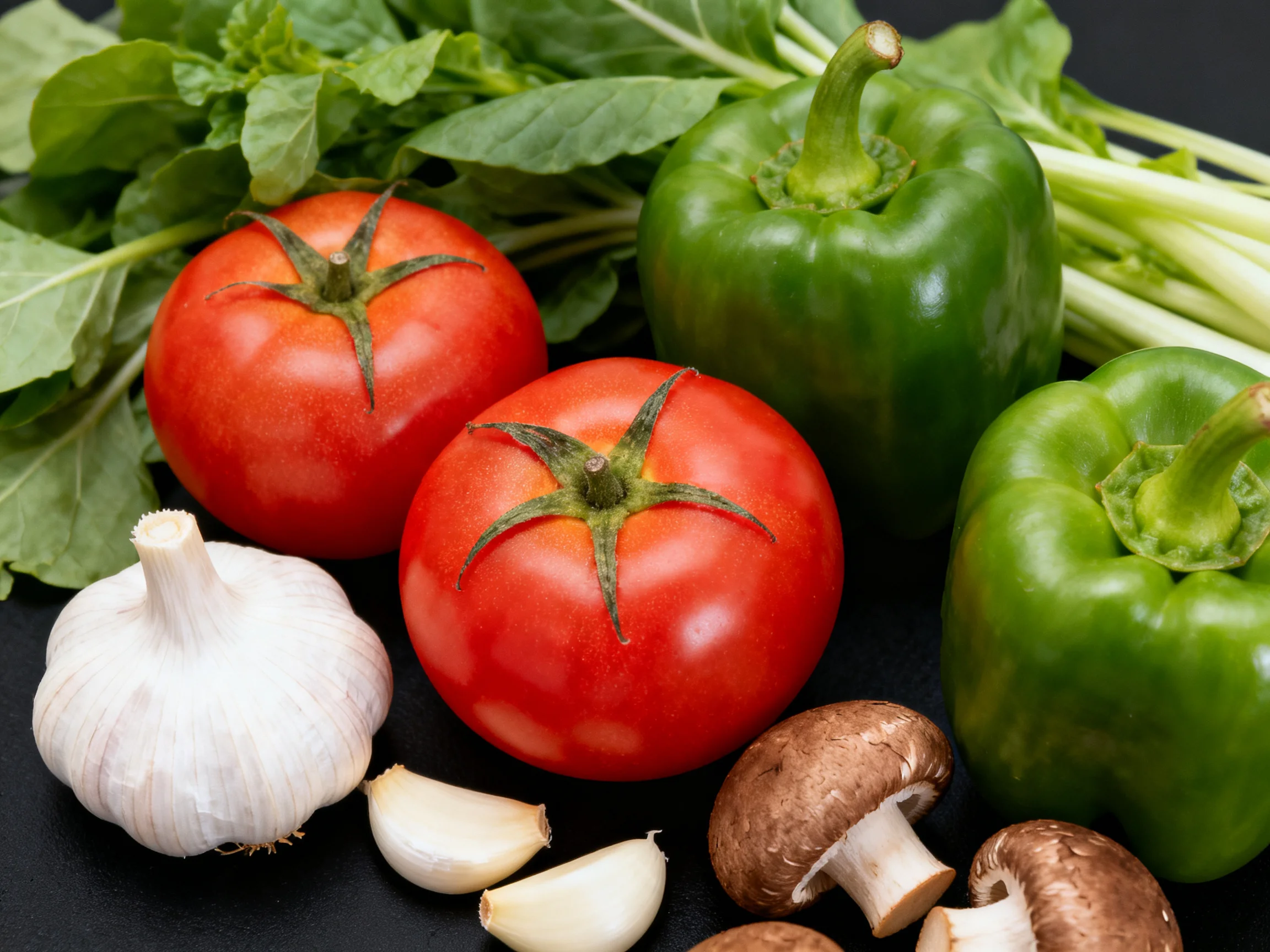 Fresh vegetables including two tomatoes, two green bell peppers, garlic, mushrooms, and leafy greens 